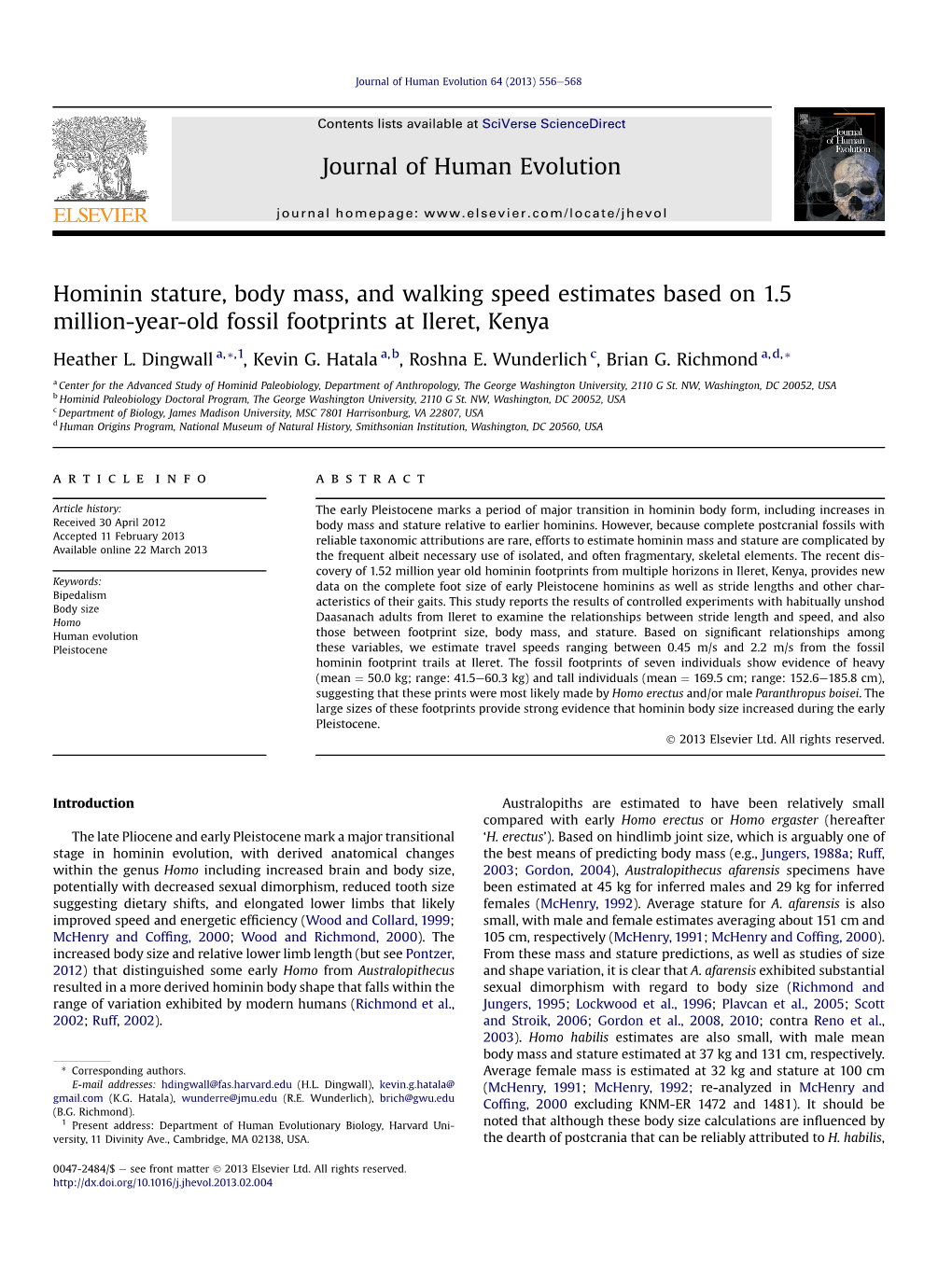 Hominin Stature, Body Mass, and Walking Speed Estimates Based on 1.5 Million-Year-Old Fossil Footprints at Ileret, Kenya