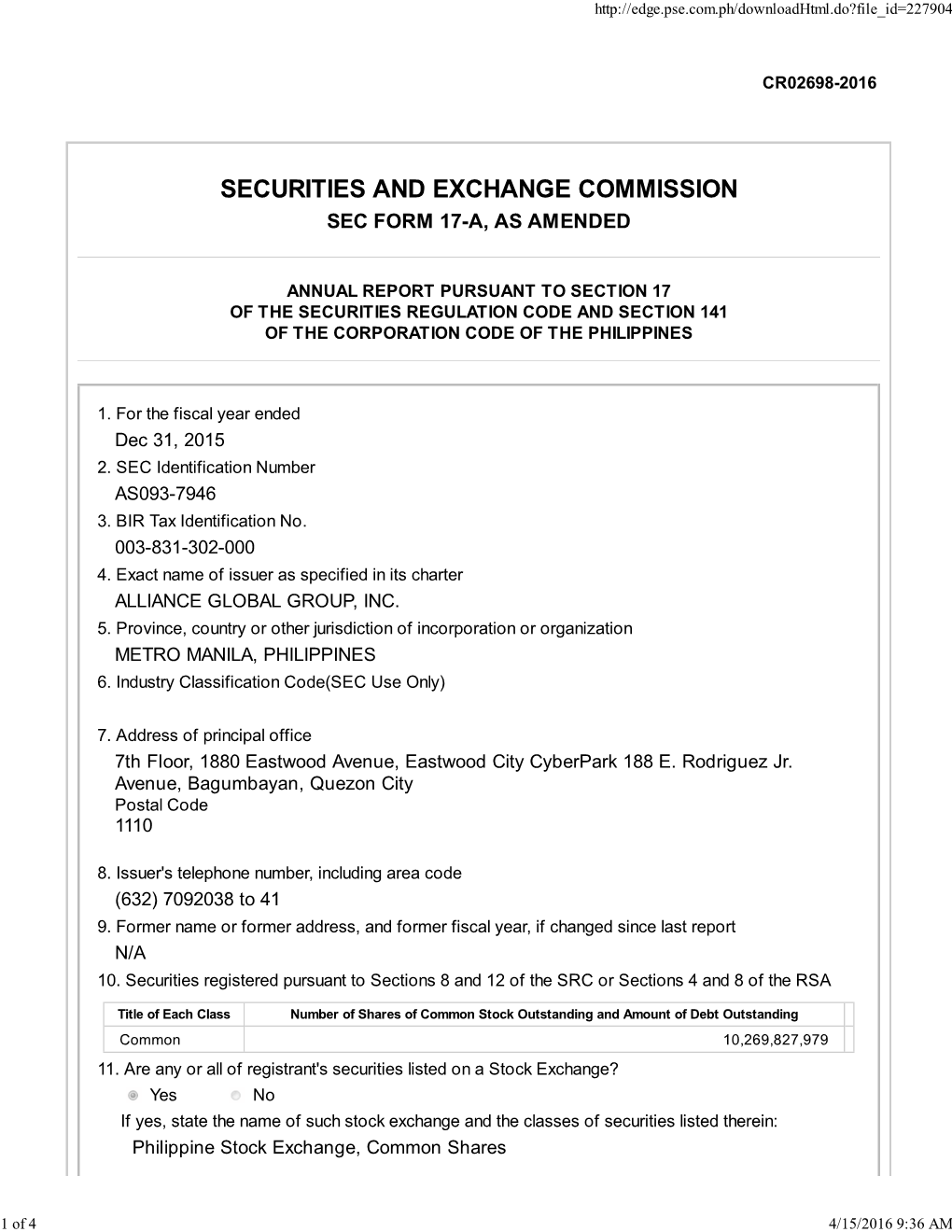 Sec Form 17-A, As Amended