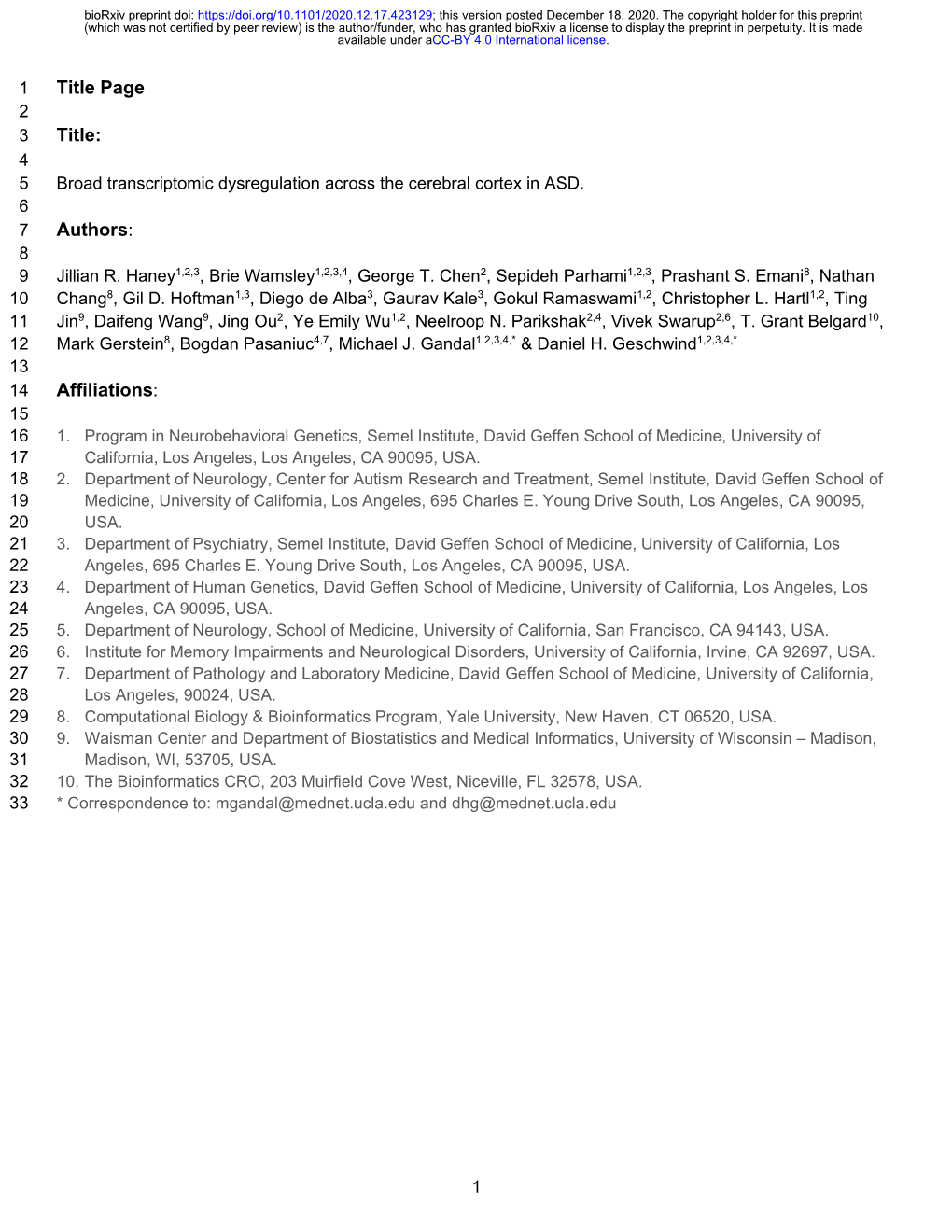 Broad Transcriptomic Dysregulation Across the Cerebral Cortex in ASD