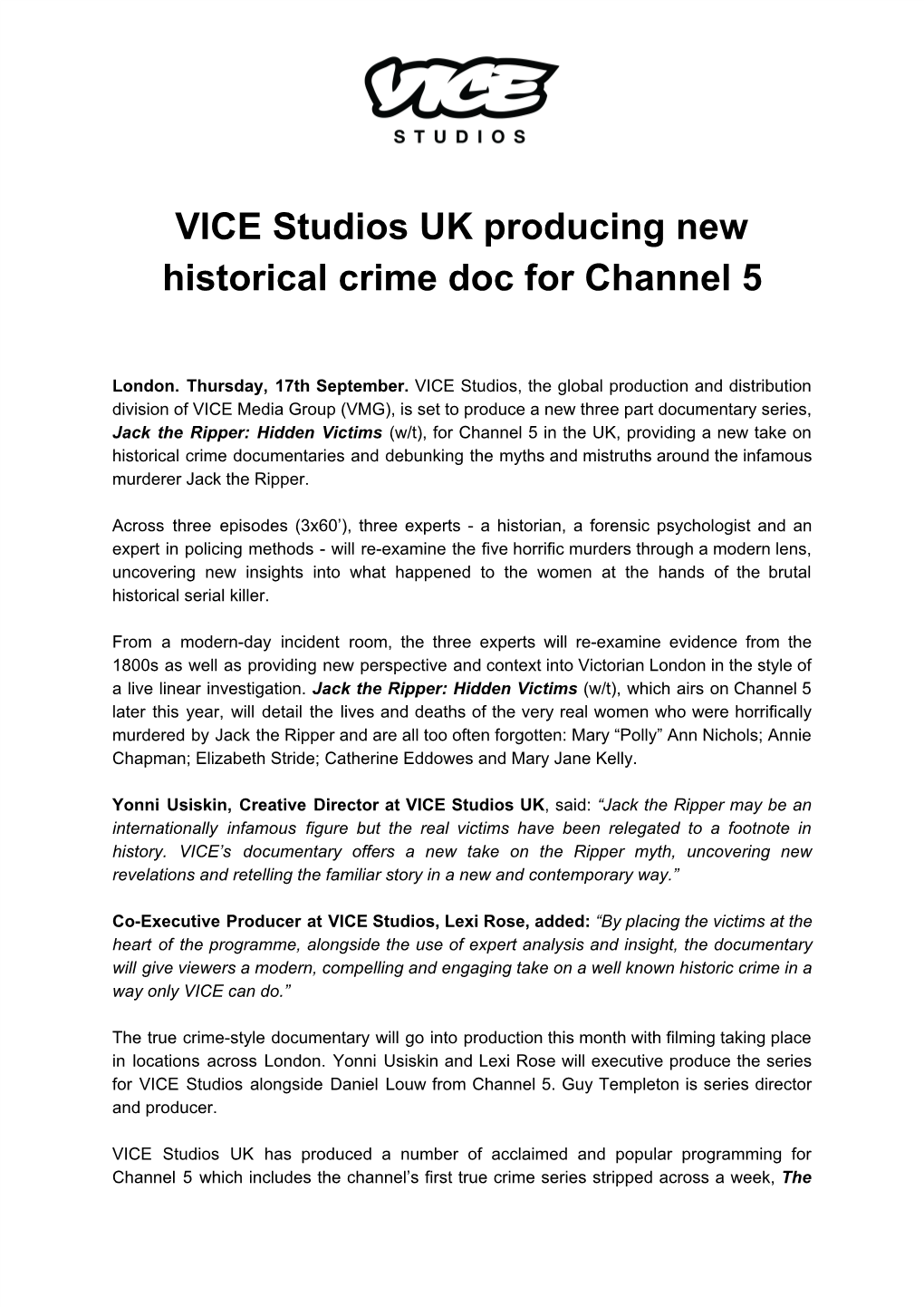 VICE Studios UK Producing New Historical Crime Doc for Channel 5
