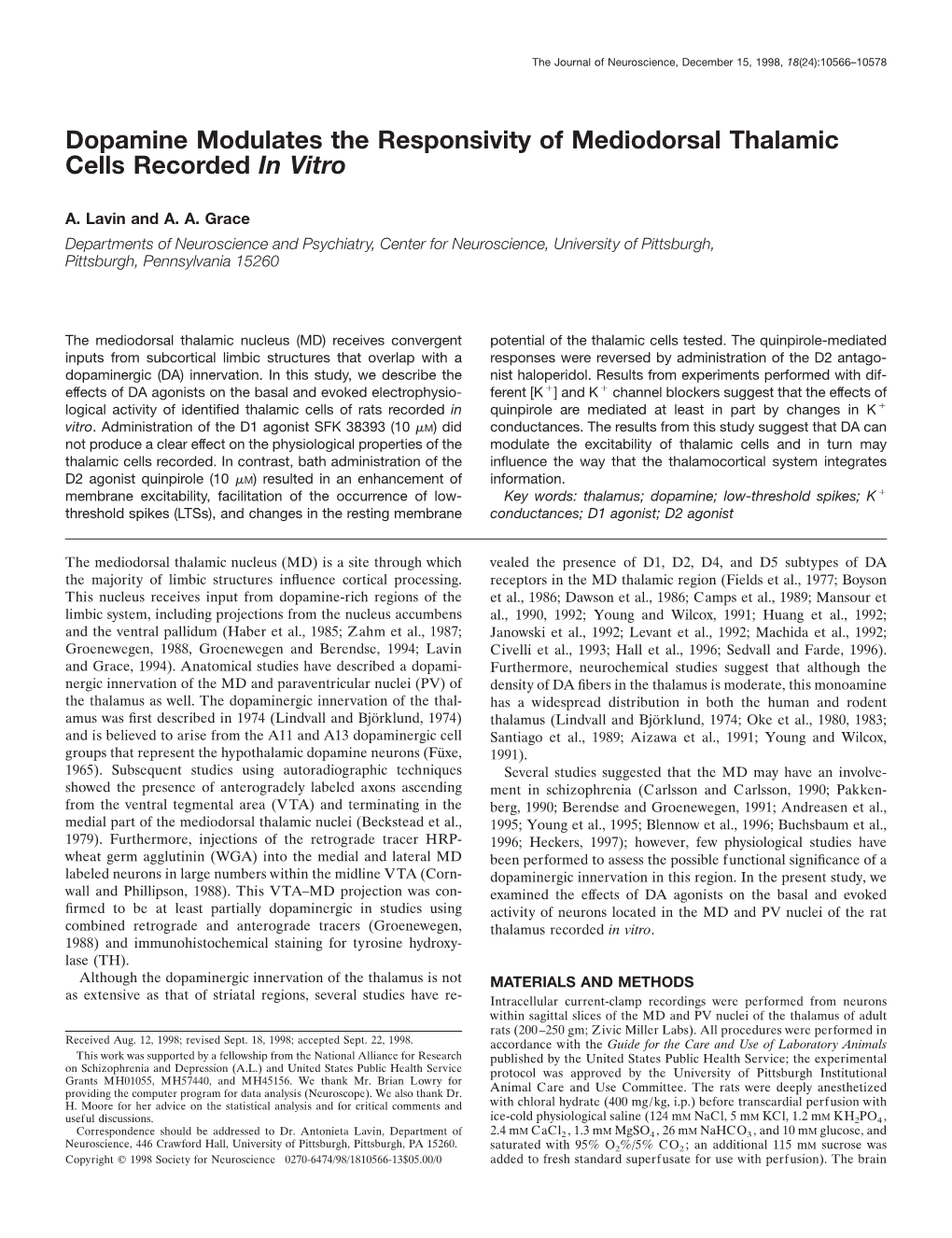 Dopamine Modulates the Responsivity of Mediodorsal Thalamic Cells Recorded in Vitro