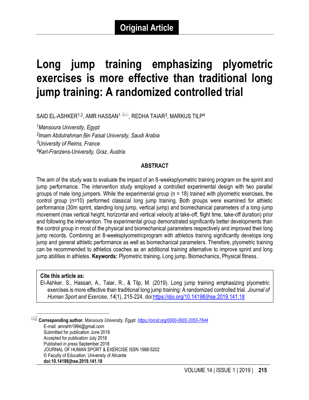 Long Jump Training Emphasizing Plyometric Exercises Is More Effective Than Traditional Long Jump Training: a Randomized Controlled Trial