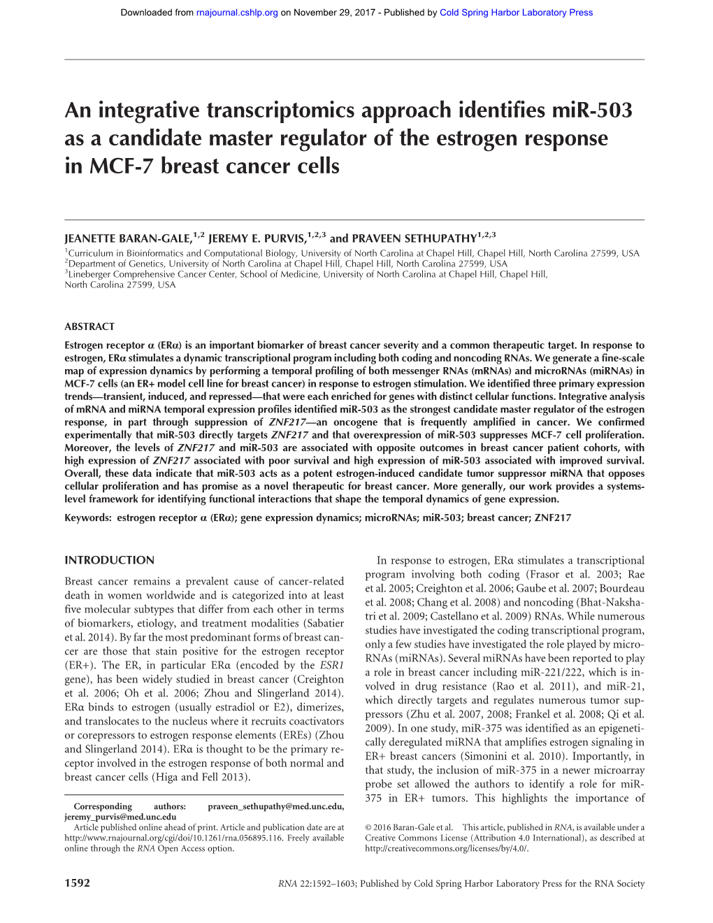 An Integrative Transcriptomics Approach Identifies Mir-503 As a Candidate Master Regulator of the Estrogen Response in MCF-7 Breast Cancer Cells