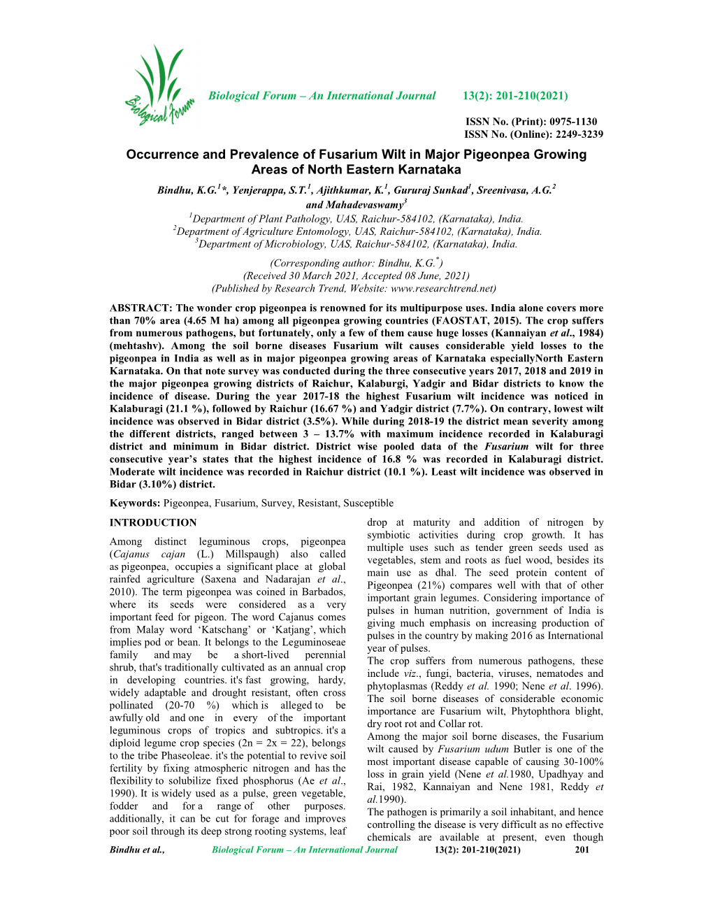 Occurrence and Prevalence of Fusarium Wilt in Major Pigeonpea