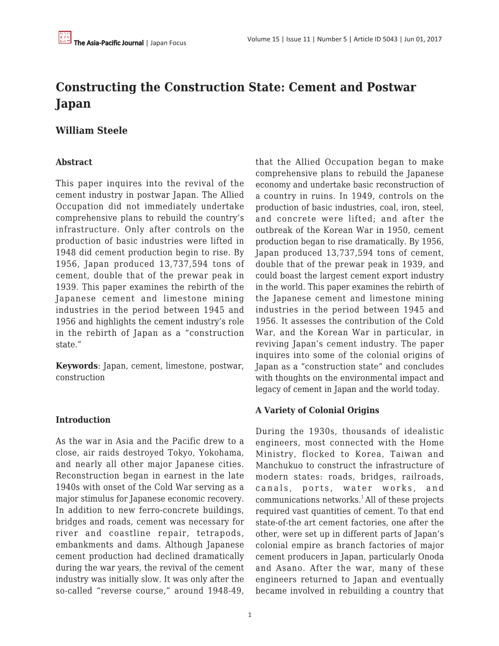 Constructing the Construction State: Cement and Postwar Japan