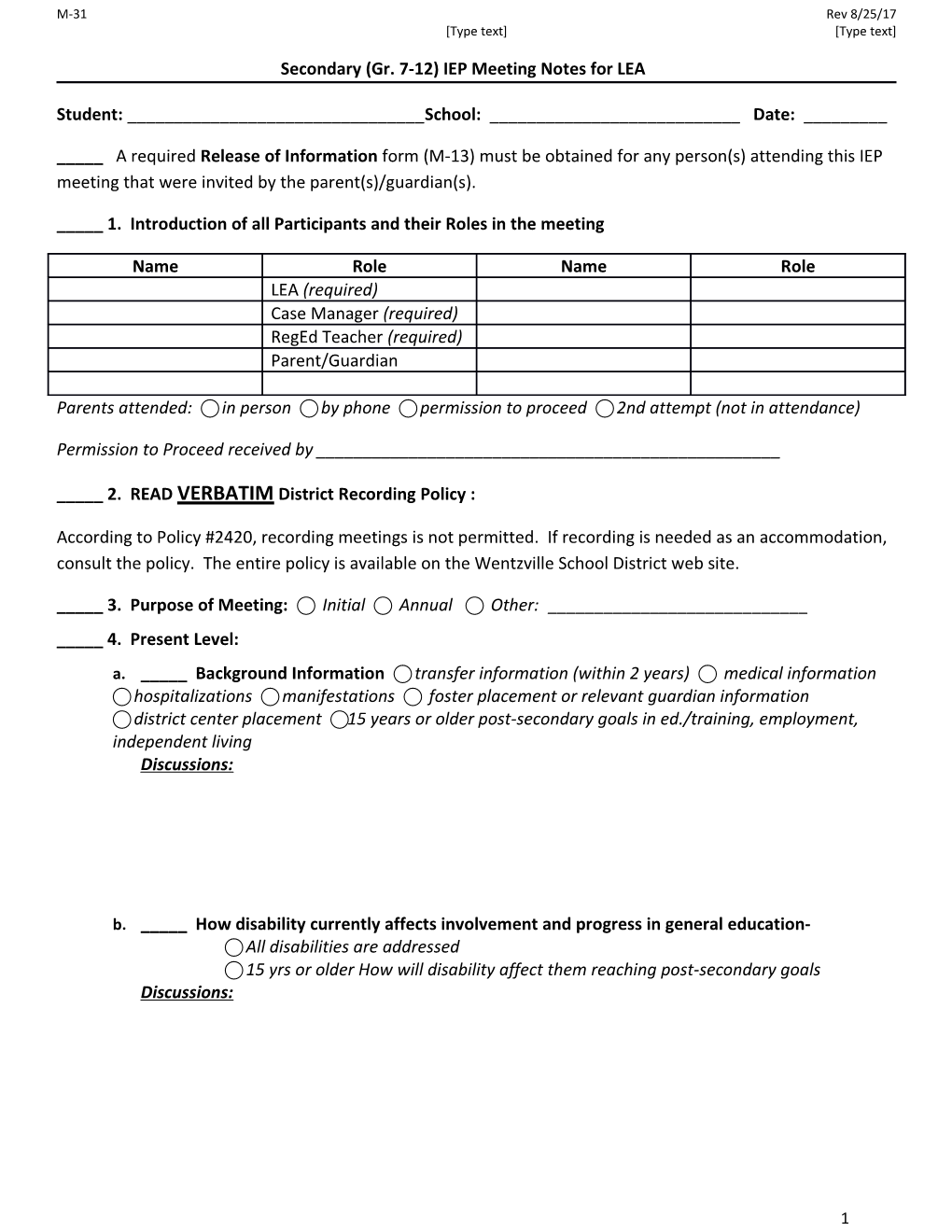 Secondary (Gr. 7-12) IEP Meeting Notes for LEA