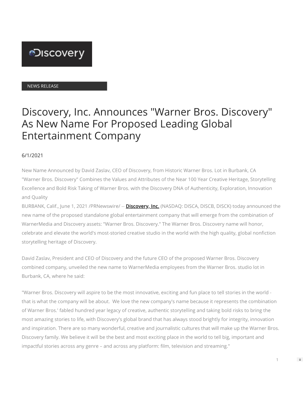 Discovery, Inc. Announces 