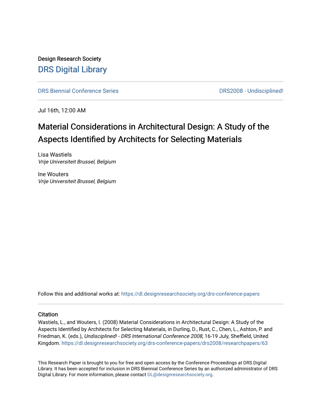 Material Considerations in Architectural Design: a Study of the Aspects Identified Yb Architects for Selecting Materials