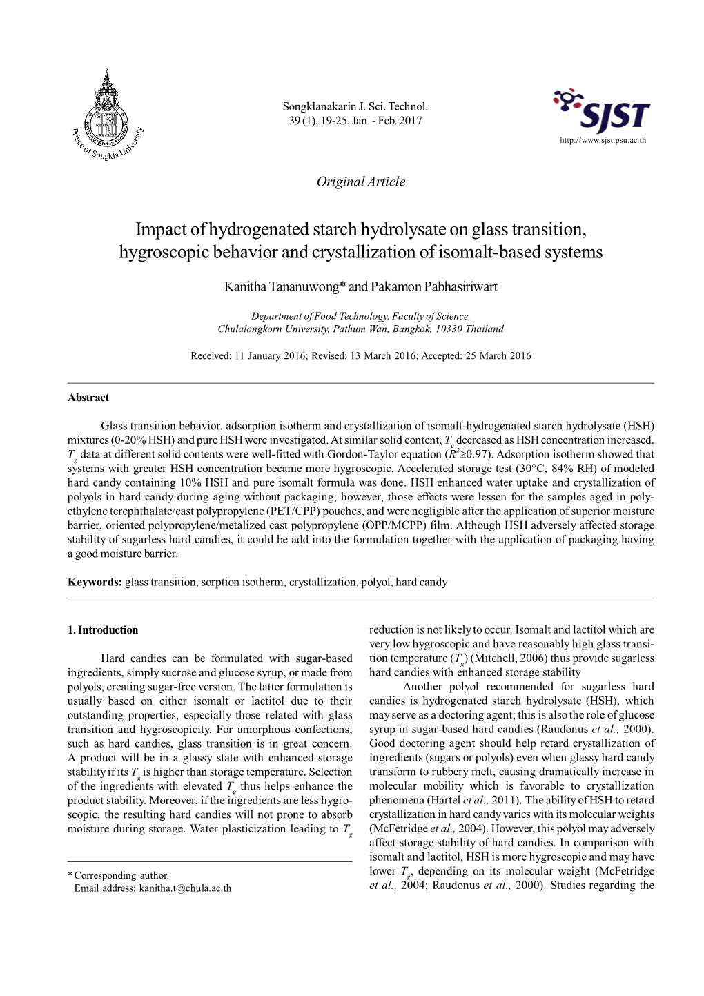 Impact of Hydrogenated Starch Hydrolysate on Glass Transition, Hygroscopic Behavior and Crystallization of Isomalt-Based Systems