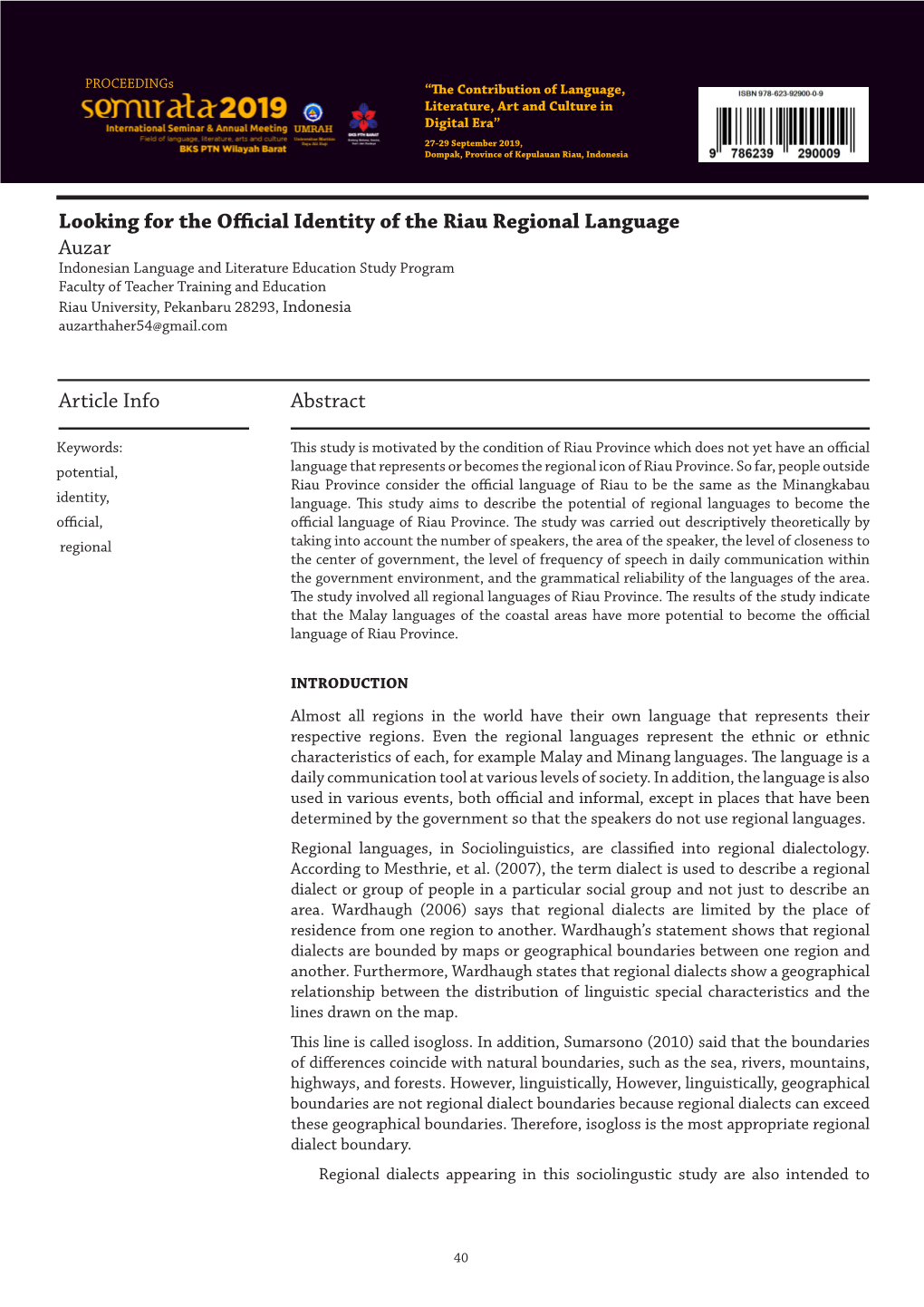 Article Info Abstract Looking for the Official Identity of the Riau Regional Language Auzar