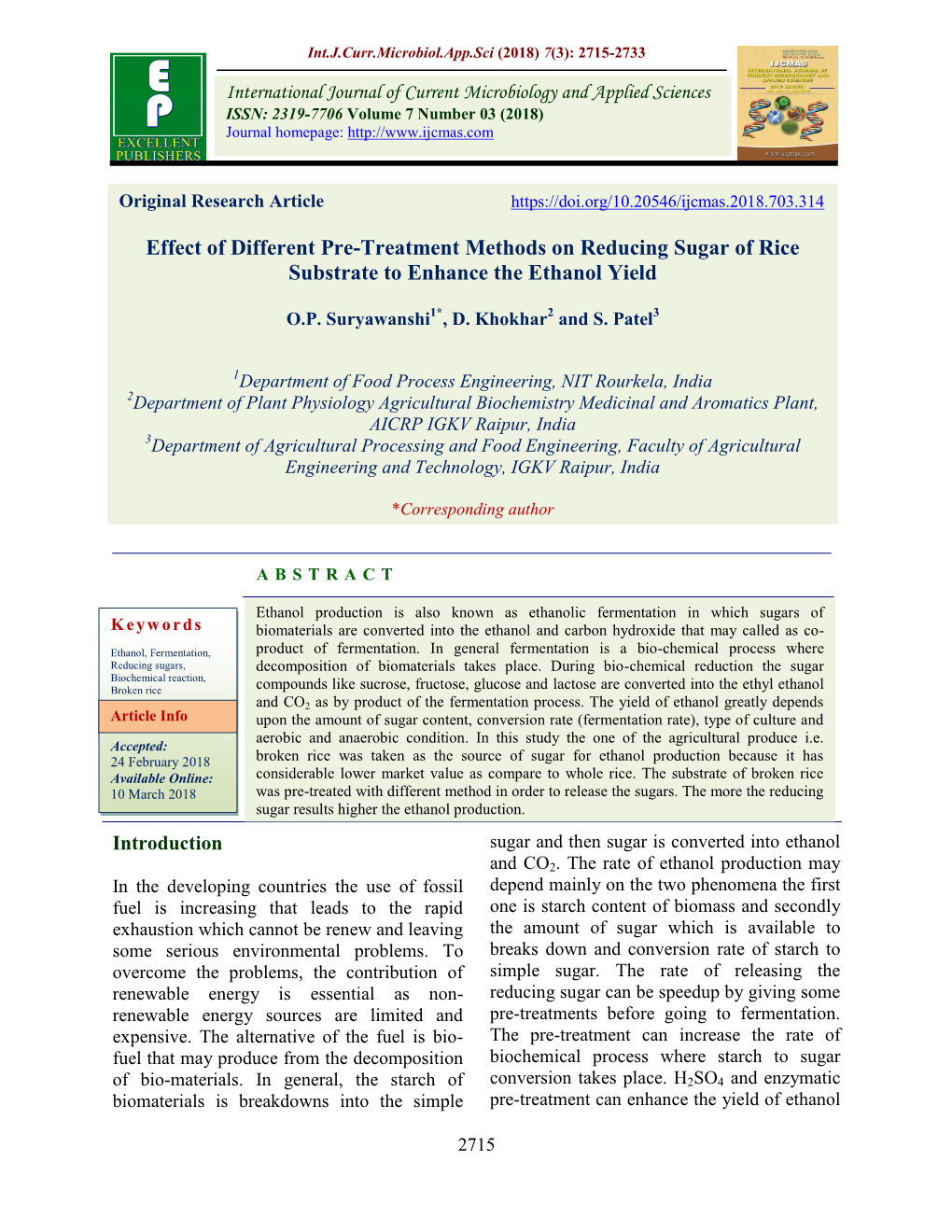 Effect of Different Pre-Treatment Methods on Reducing Sugar of Rice Substrate to Enhance the Ethanol Yield