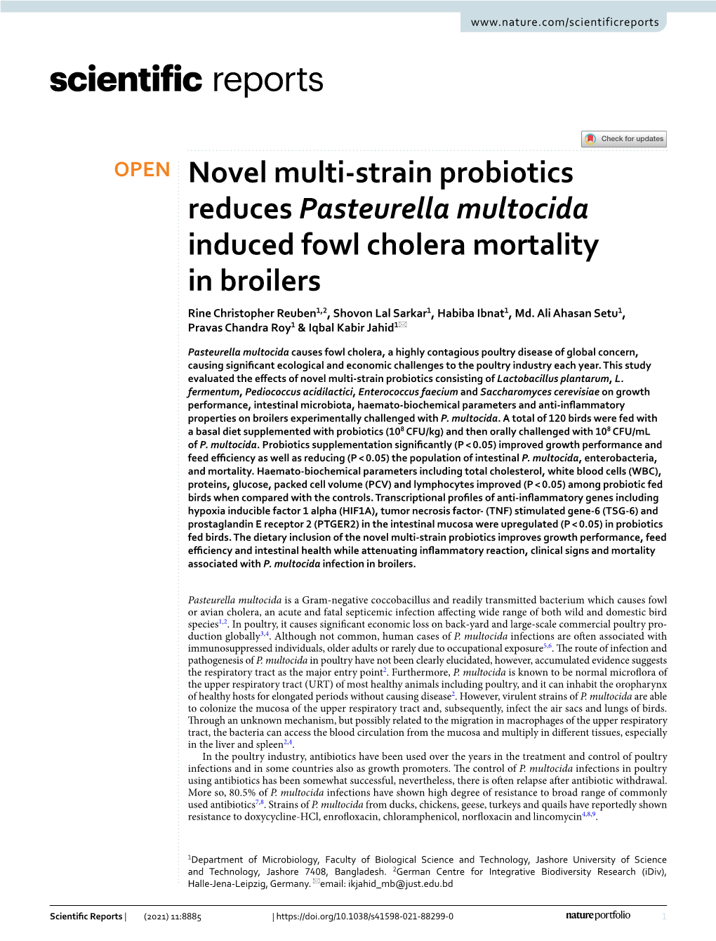 Novel Multi-Strain Probiotics Reduces Pasteurella Multocida Induced Fowl