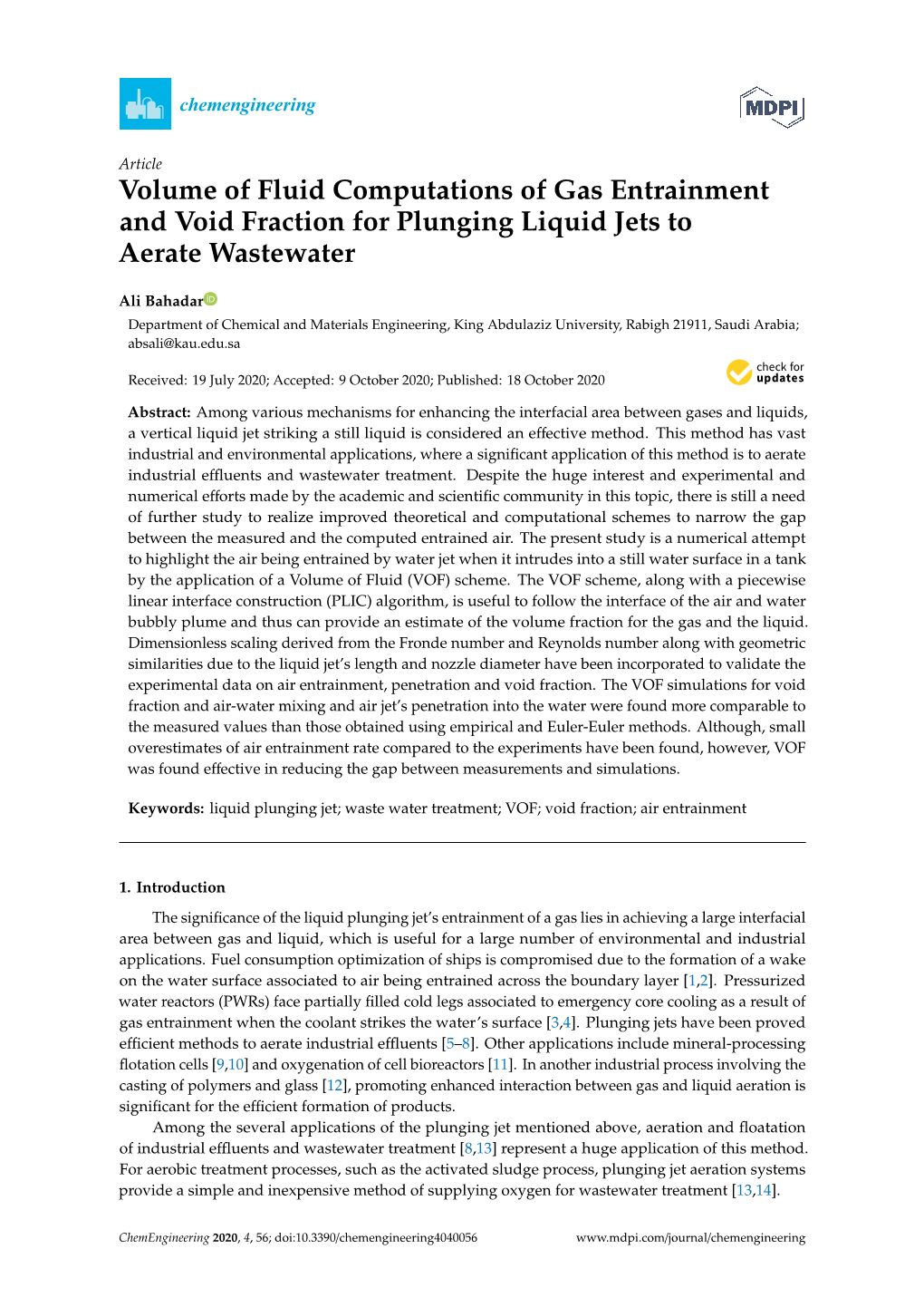 Volume of Fluid Computations of Gas Entrainment and Void Fraction for Plunging Liquid Jets to Aerate Wastewater