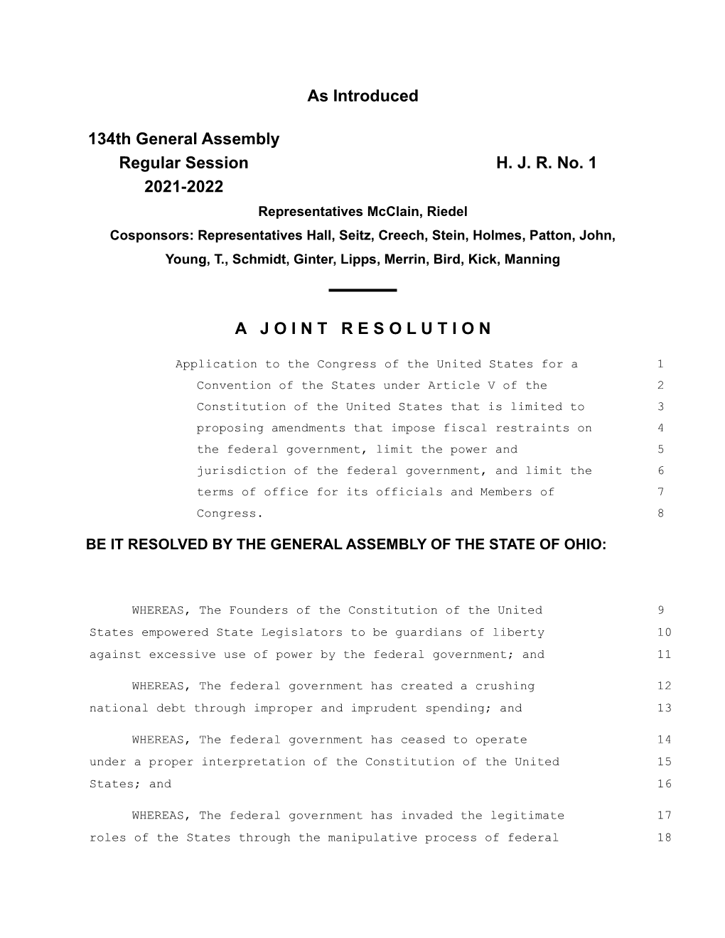 As Introduced 134Th General Assembly Regular Session H. J. R