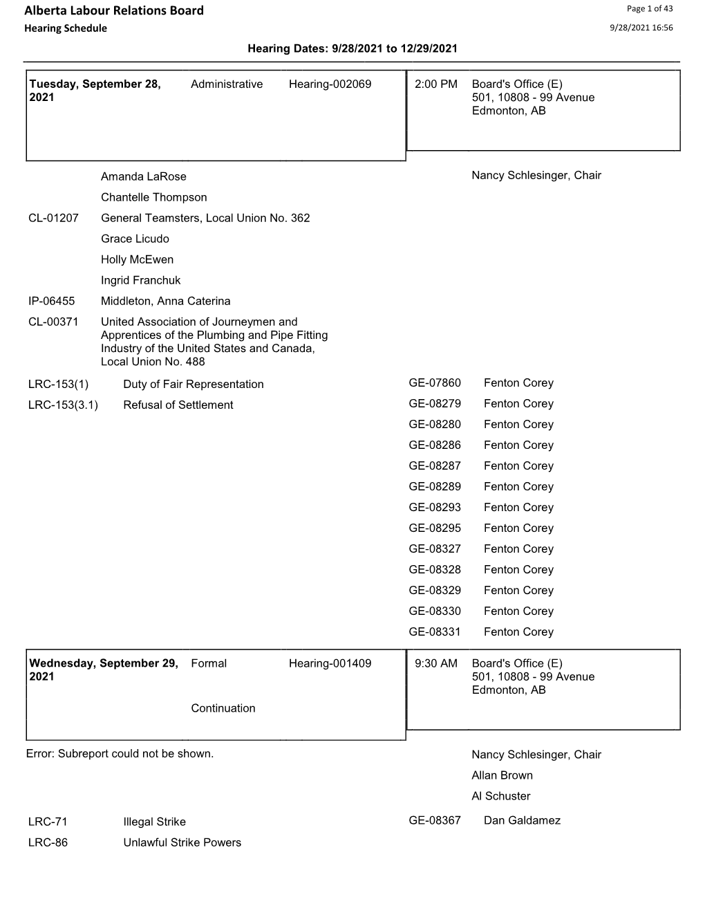 Hearing Schedule 9/28/2021 16:56