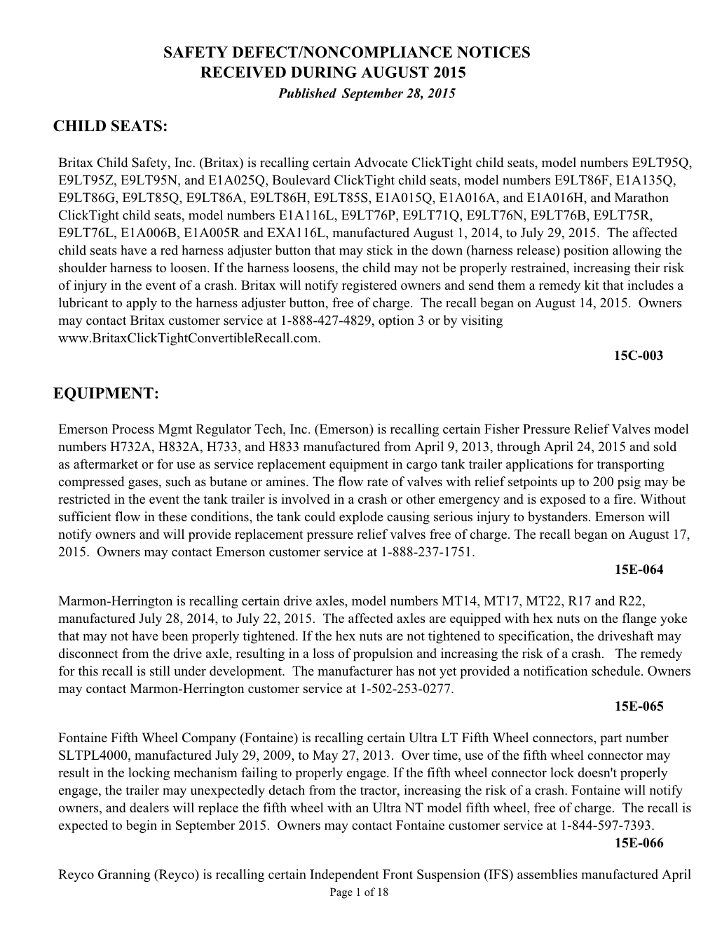 Child Seats: Equipment: Safety Defect/Noncompliance Notices Received During August 2015