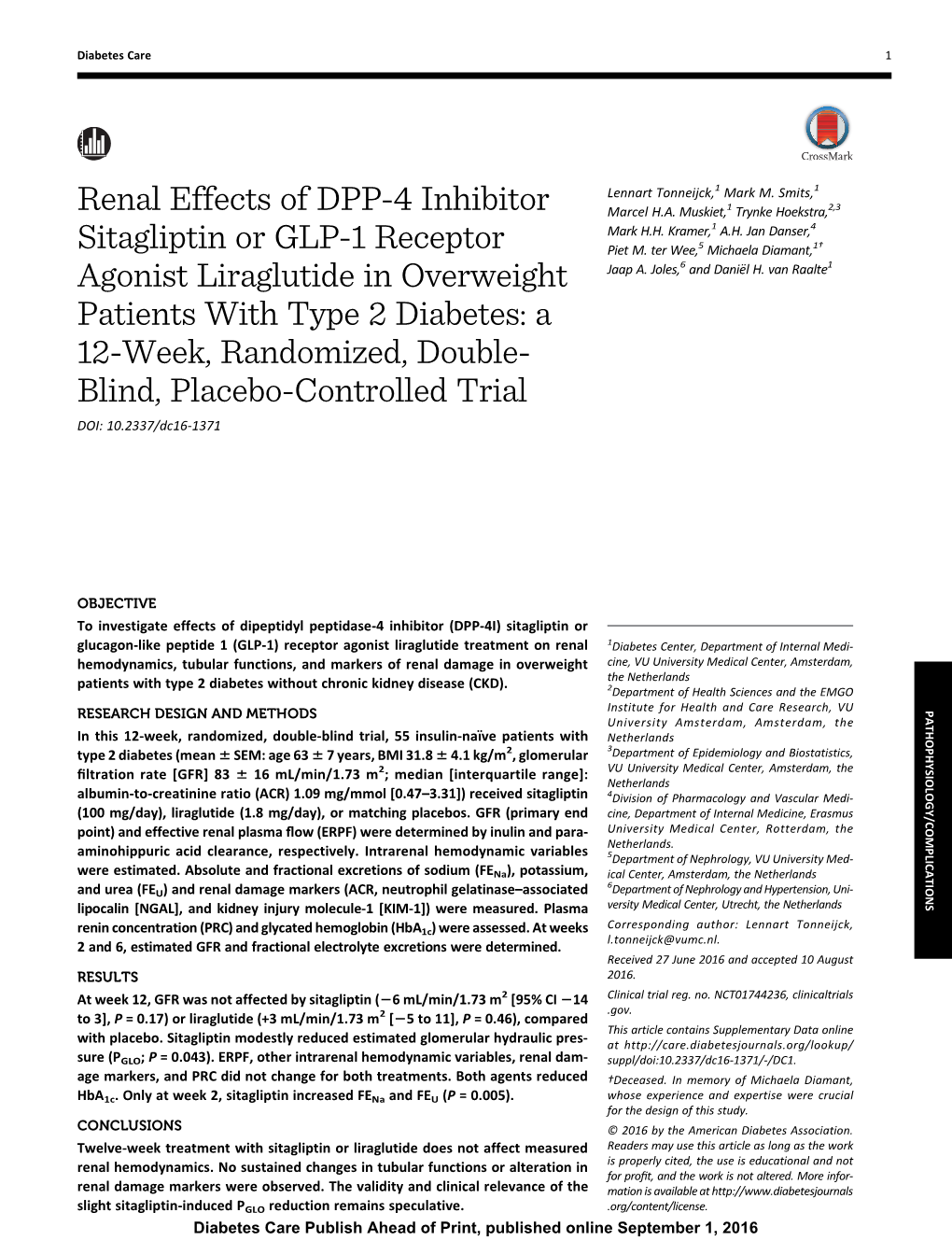 Renal Effects of DPP-4 Inhibitor Sitagliptin Or GLP-1 Receptor