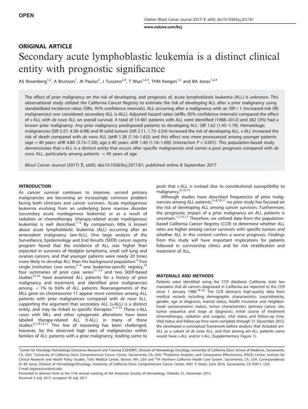 Secondary Acute Lymphoblastic Leukemia Is a Distinct Clinical Entity with Prognostic Significance