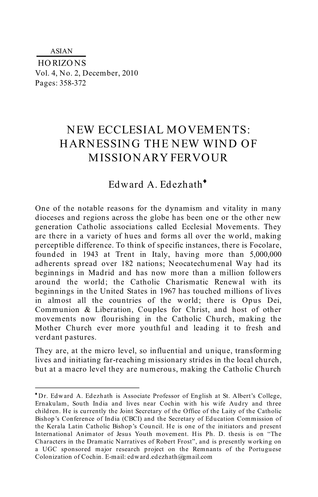 New Ecclesial Movements: Harnessing the New Wind of Missionary Fervour
