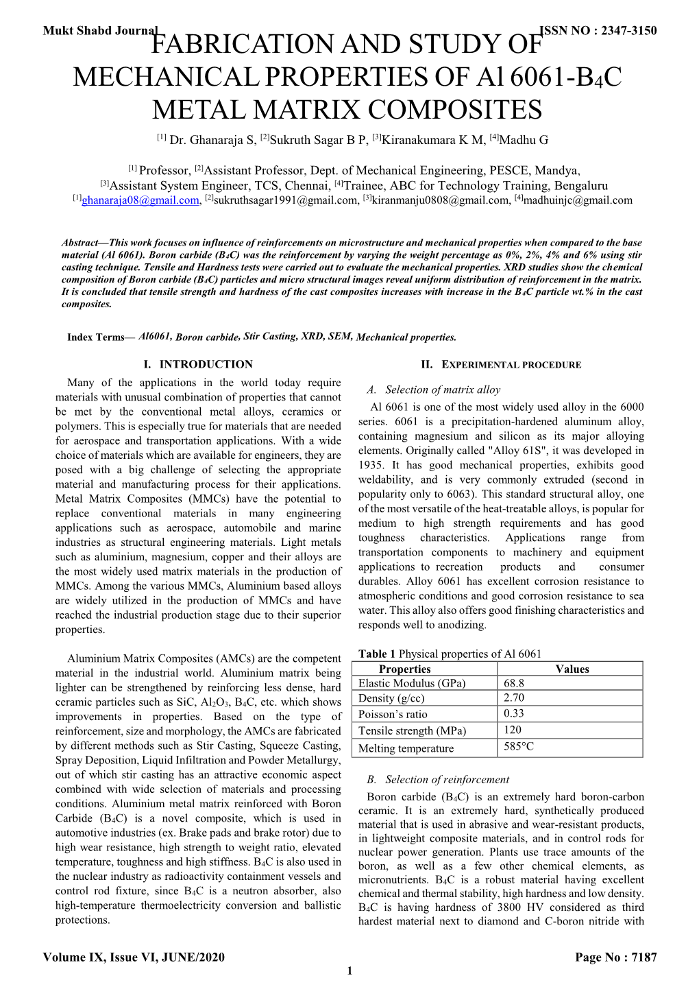 FABRICATION and STUDY of MECHANICAL PROPERTIES of Al 6061-B4C METAL MATRIX COMPOSITES [1] Dr