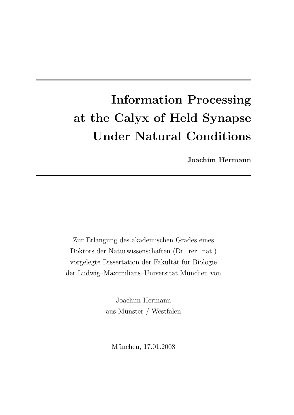 Information Processing at the Calyx of Held Under Natural Conditions