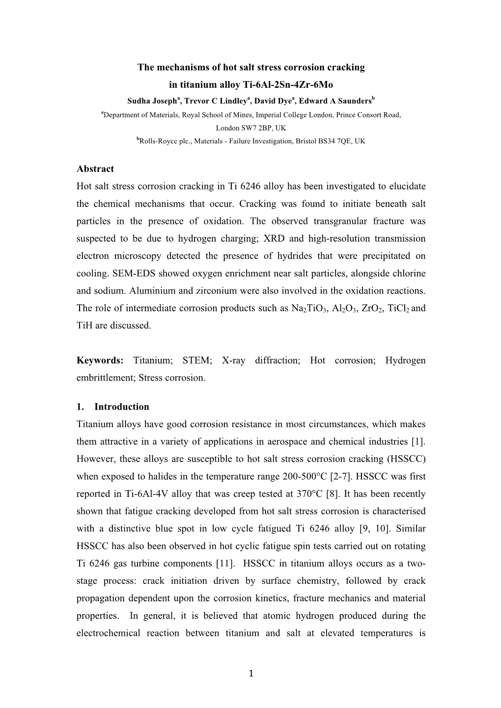 1 the Mechanisms of Hot Salt Stress Corrosion Cracking in Titanium Alloy