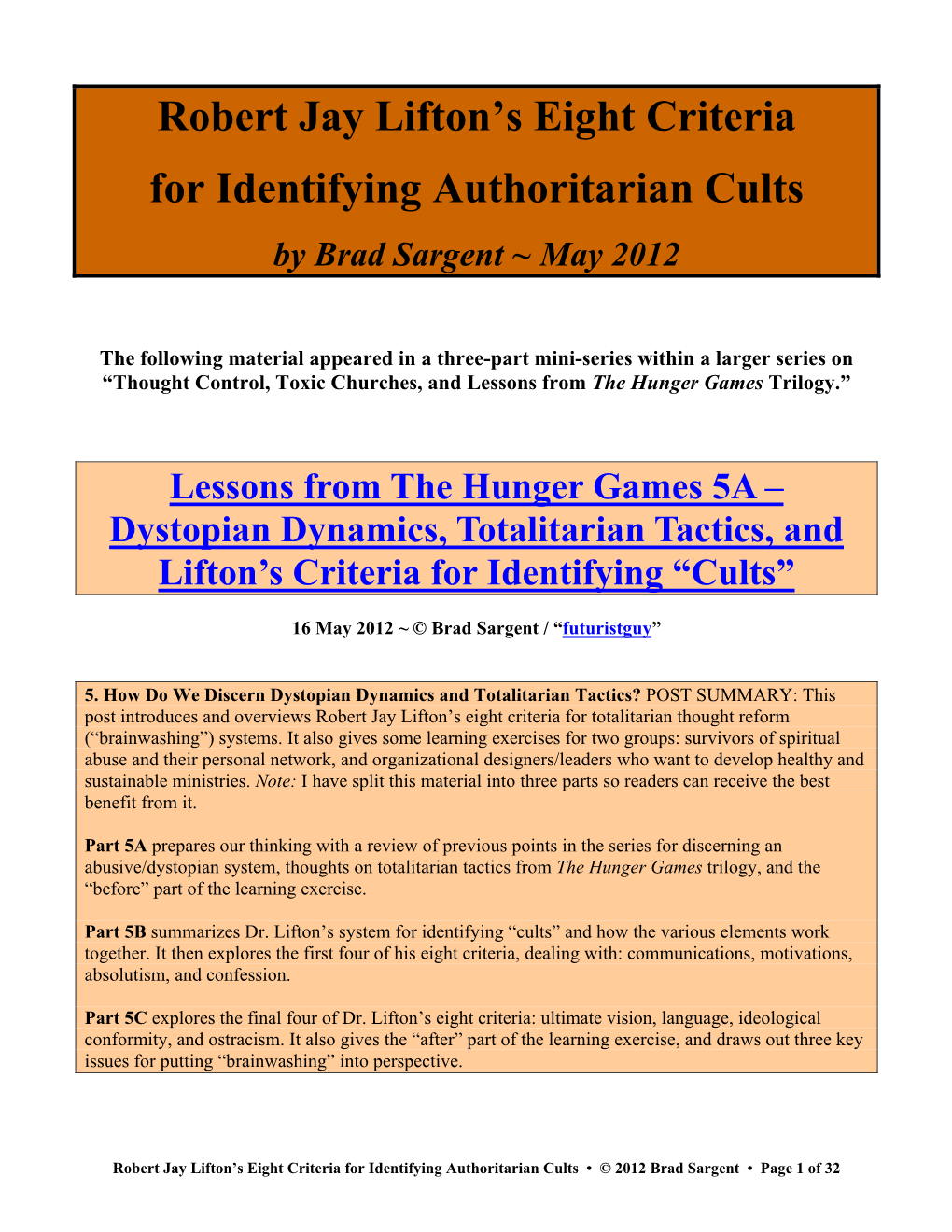 Robert Jay Lifton's Eight Criteria for Identifying Authoritarian