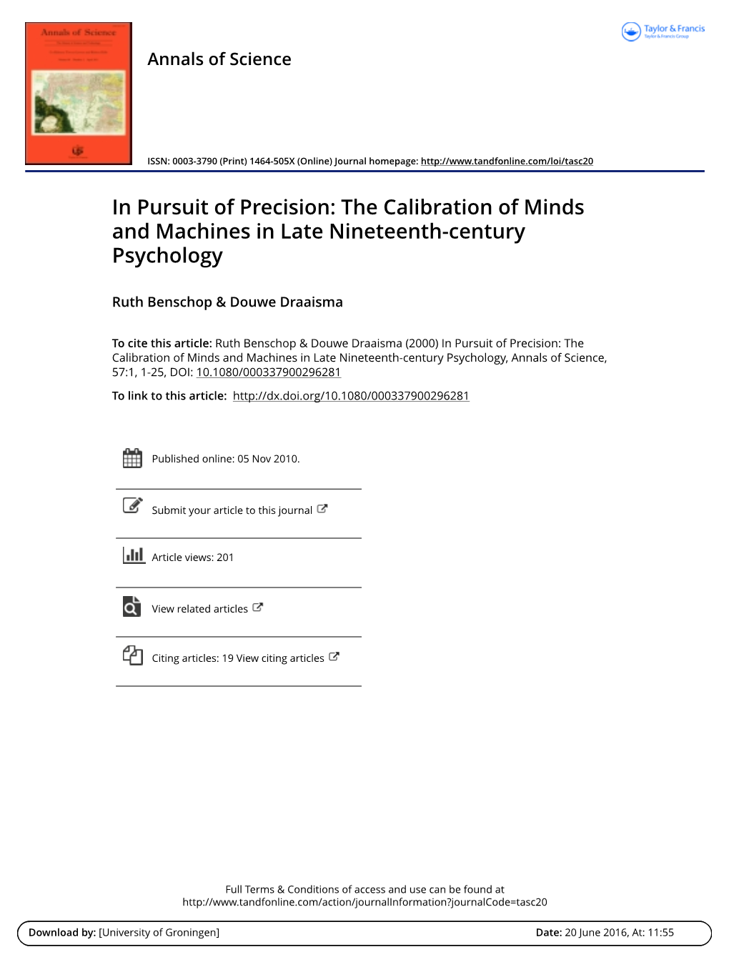 In Pursuit of Precision: the Calibration of Minds and Machines in Late Nineteenth-Century Psychology