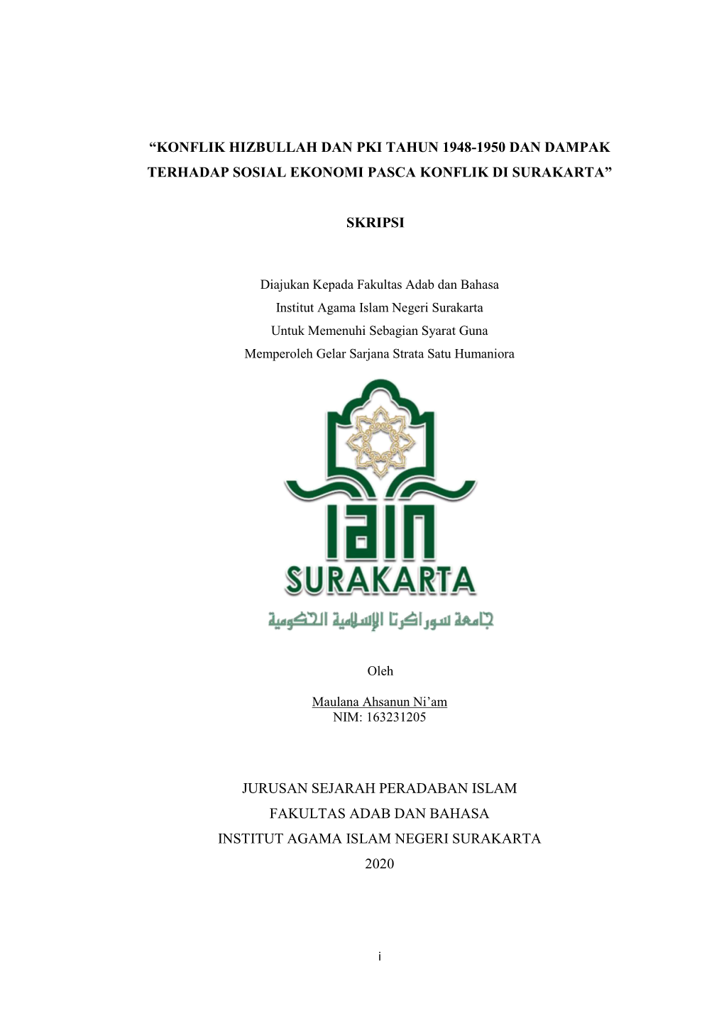 Konflik Hizbullah Dan Pki Tahun 1948-1950 Dan Dampak Terhadap Sosial Ekonomi Pasca Konflik Di Surakarta”