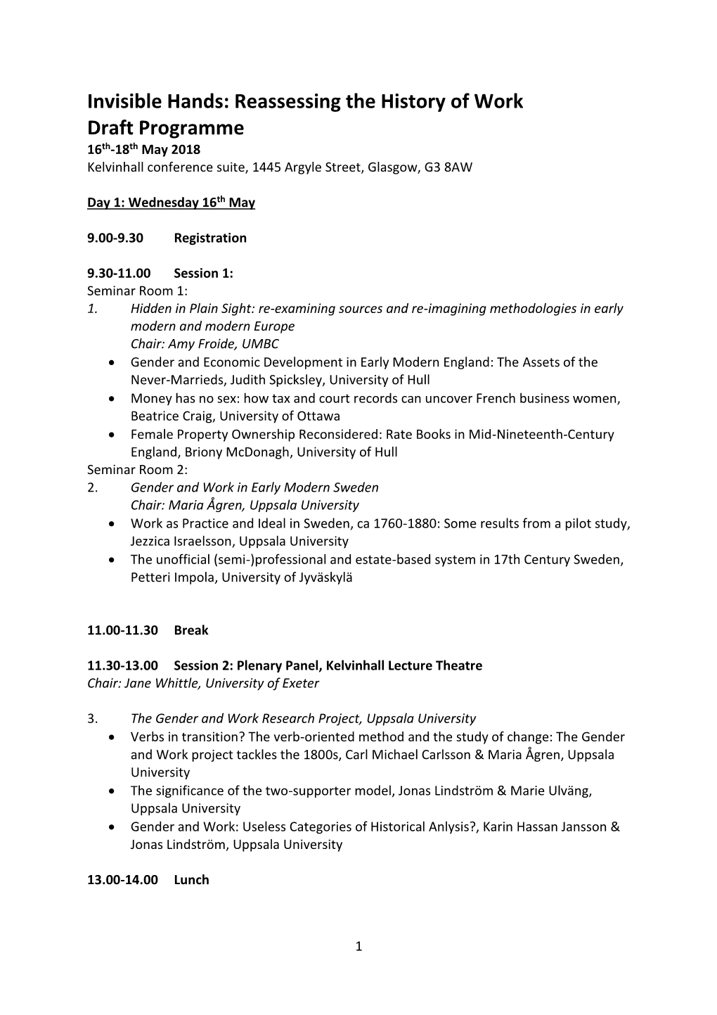 Invisible Hands: Reassessing the History of Work Draft Programme 16Th-18Th May 2018 Kelvinhall Conference Suite, 1445 Argyle Street, Glasgow, G3 8AW