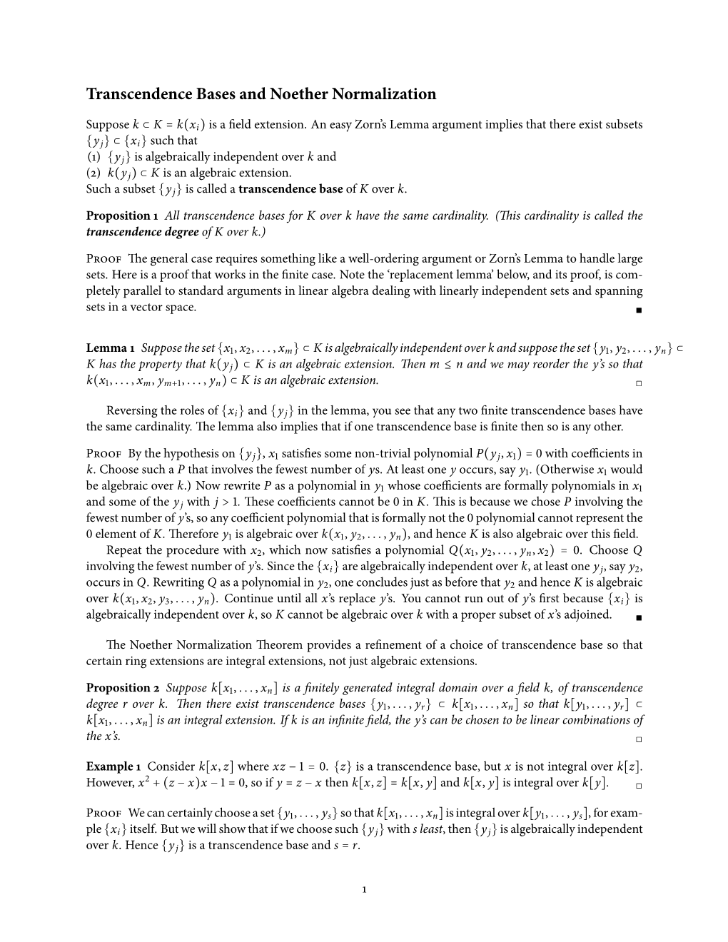 Transcendence Bases and Noether Normalization