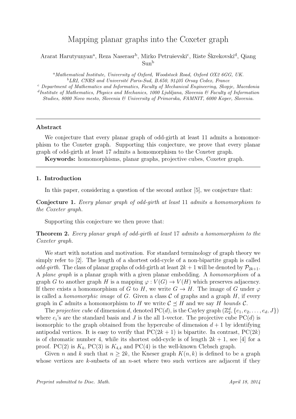 Mapping Planar Graphs Into the Coxeter Graph