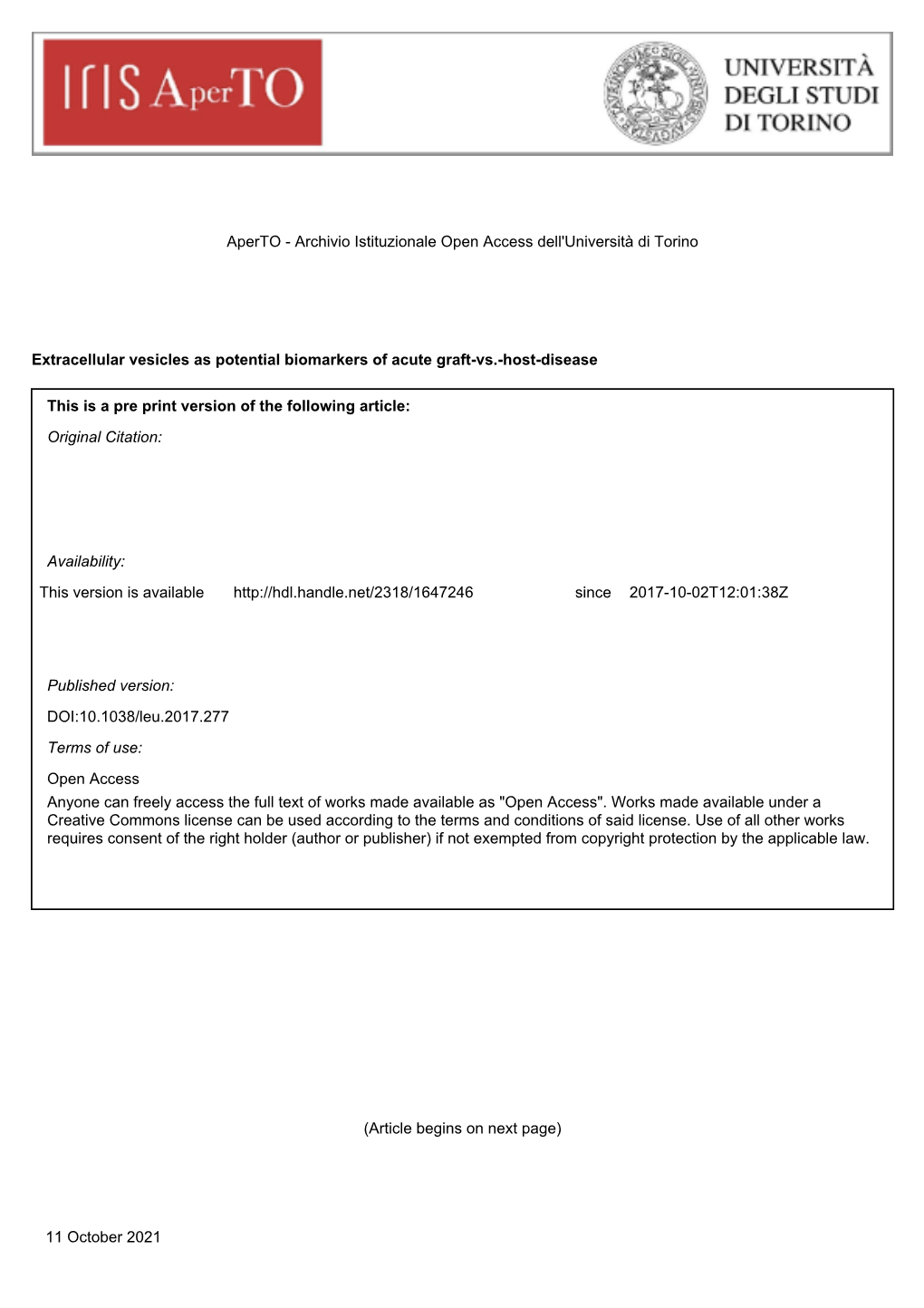 Extracellular Vesicles As Potential Biomarkers of Acute Graft-Vs.-Host-Disease