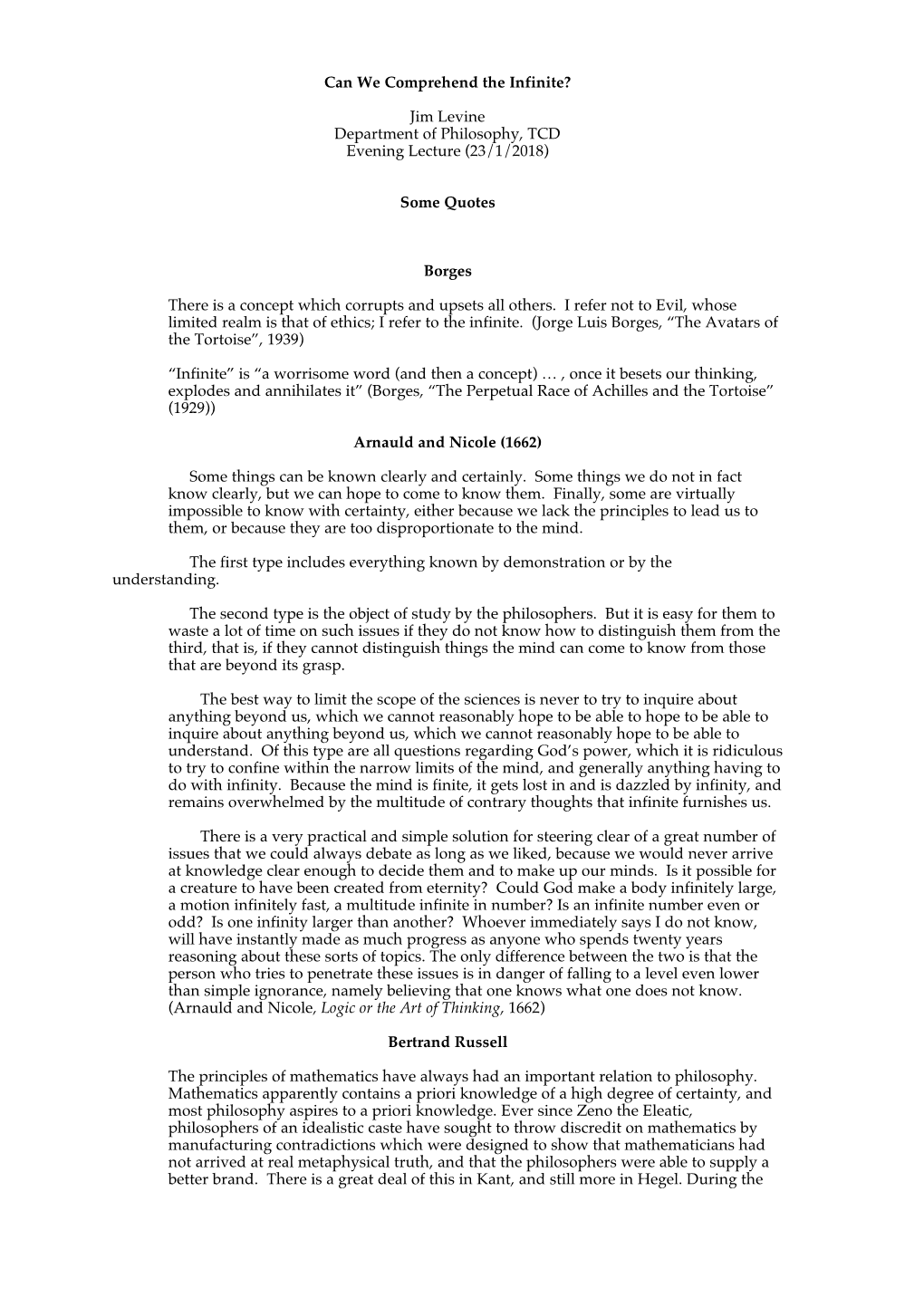 Can We Comprehend the Infinite? Jim Levine Department of Philosophy