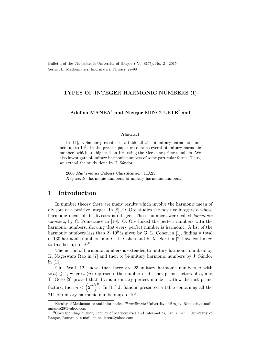 Manea, A. and Minculete, N.: Types of Integer Harmonic Numbers