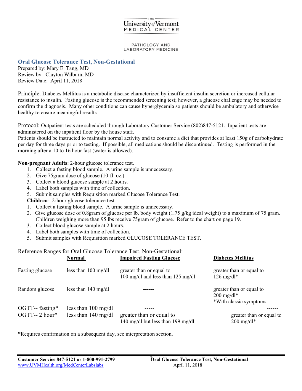 1 Oral Glucose Tolerance Test, Non-Gestational Reference Ranges