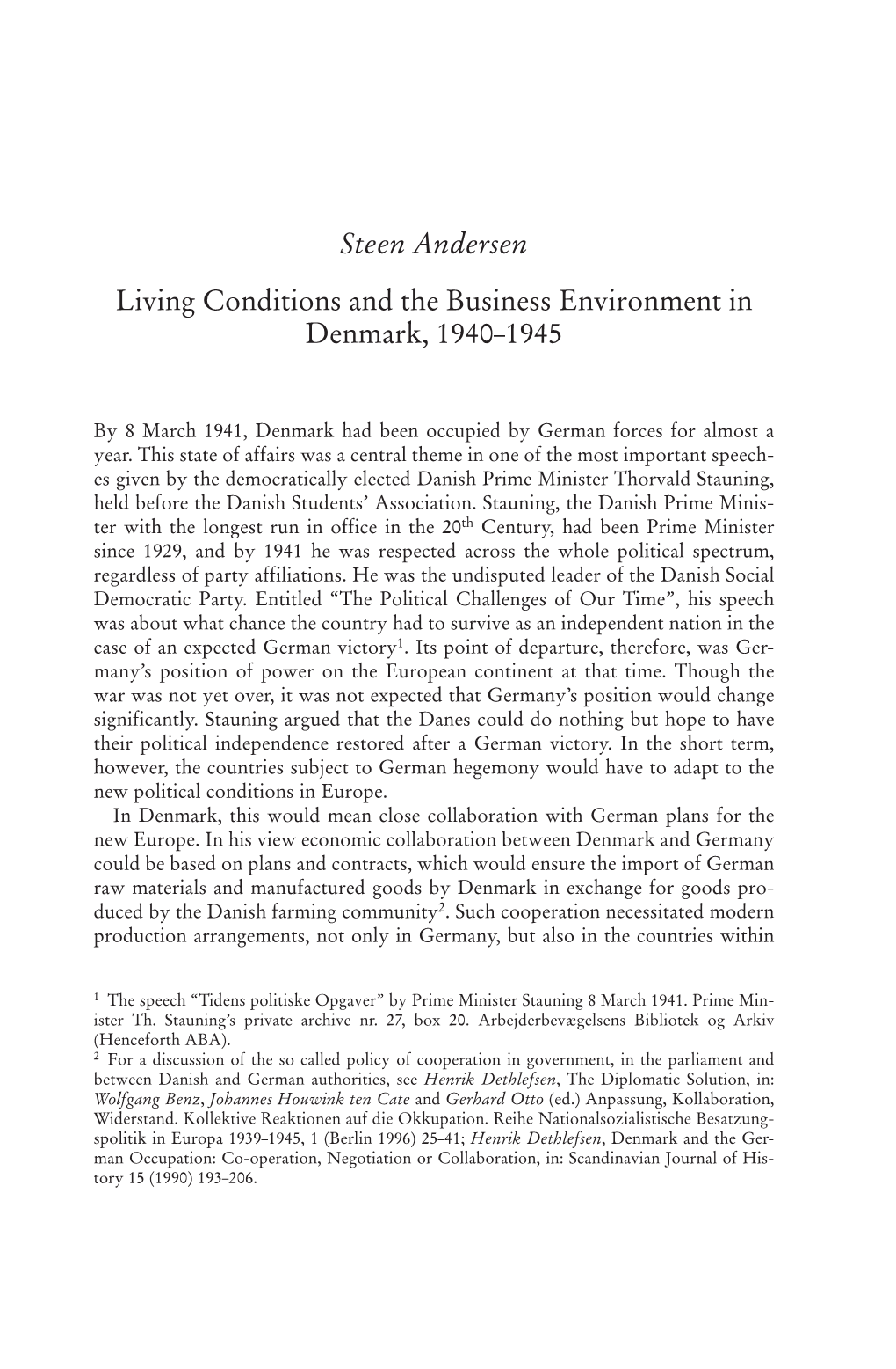 Steen Andersen Living Conditions and the Business Environment in Denmark, 1940–1945