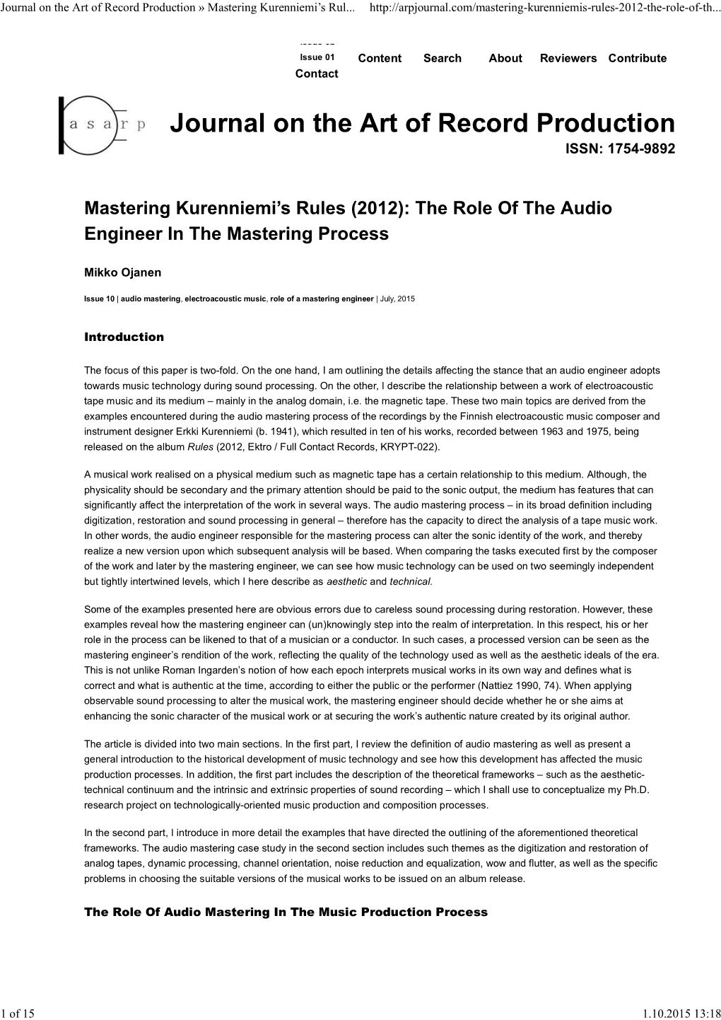 Journal on the Art of Record Production » Mastering Kurenniemi’S Rul
