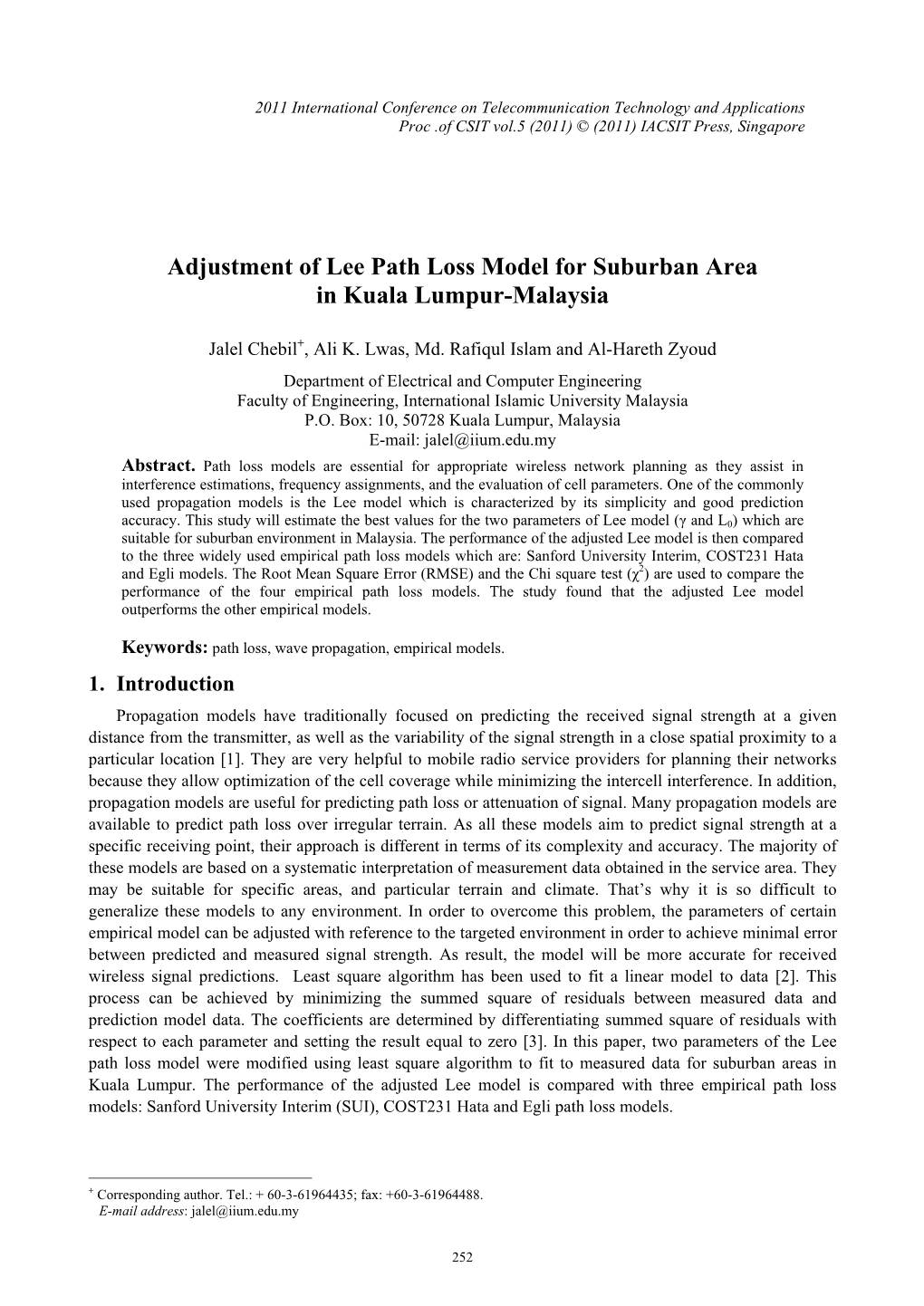 Adjustment of Lee Path Loss Model for Suburban Area in Kuala Lumpur-Malaysia