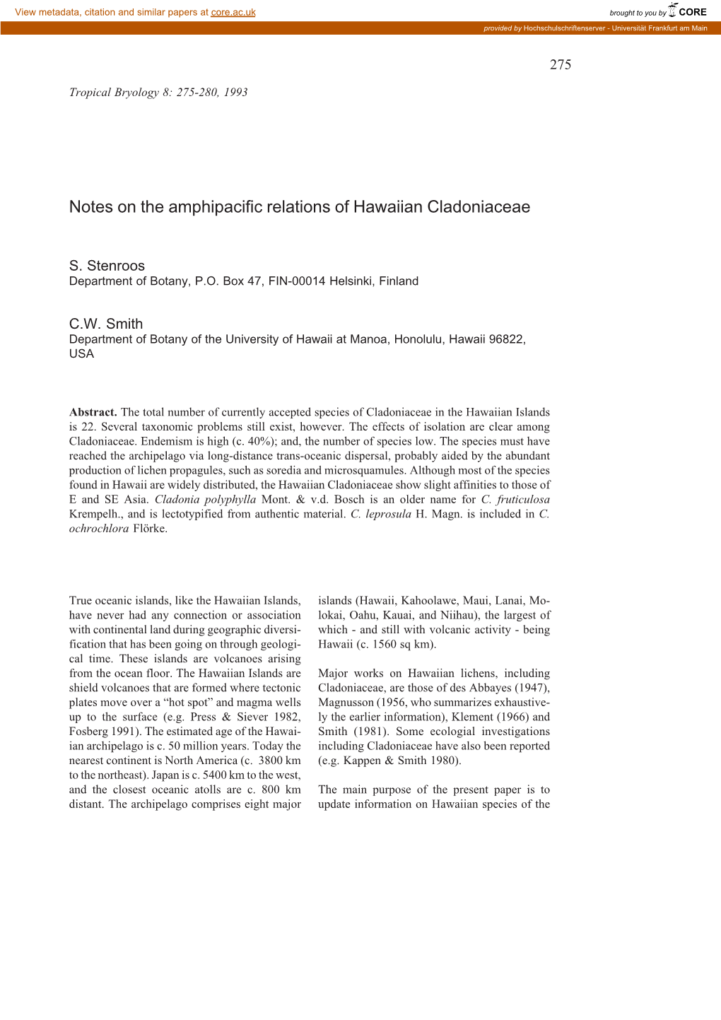 Notes on the Amphipacific Relations of Hawaiian Cladoniaceae