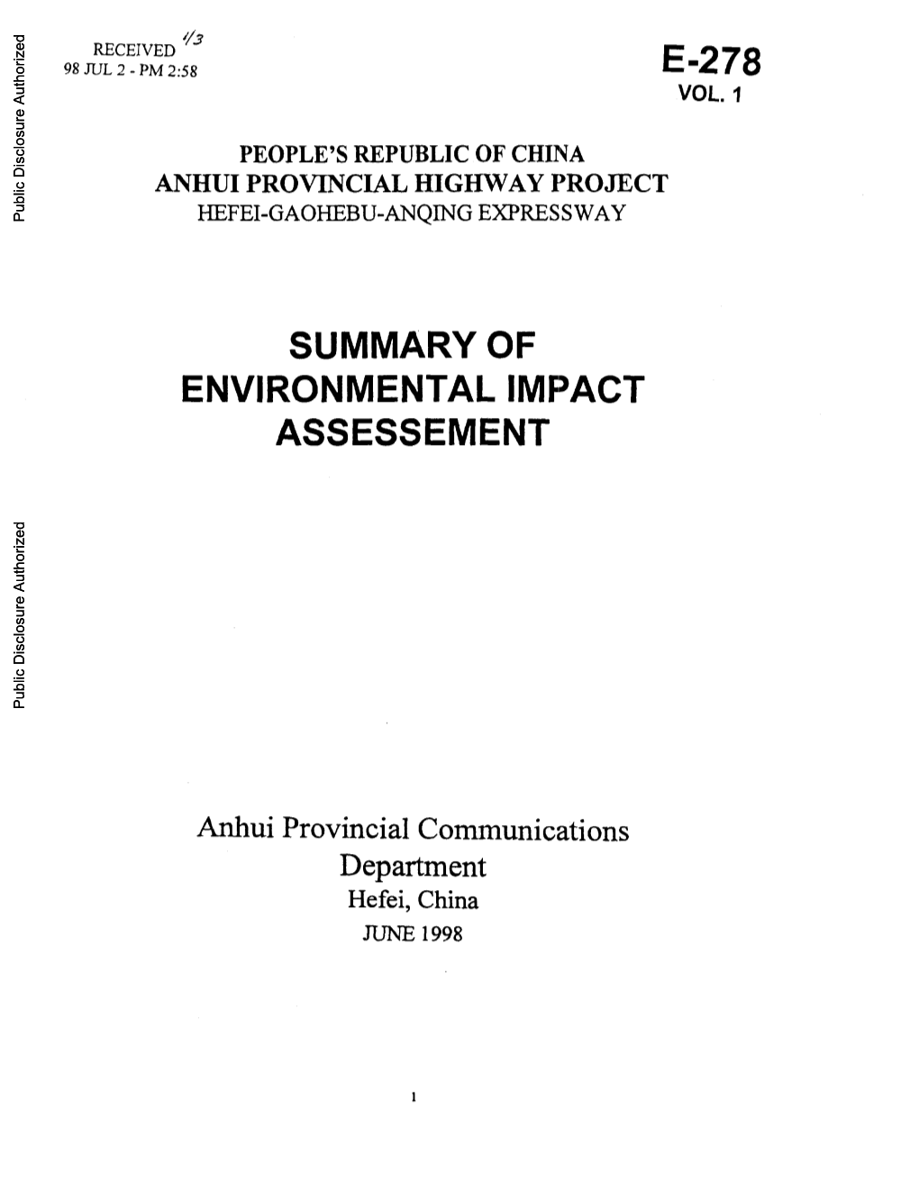 Anhui Provincial Highway Project Hefei-Gaohebu-Anqing Expressway Summary of Environmental Impact Assessment