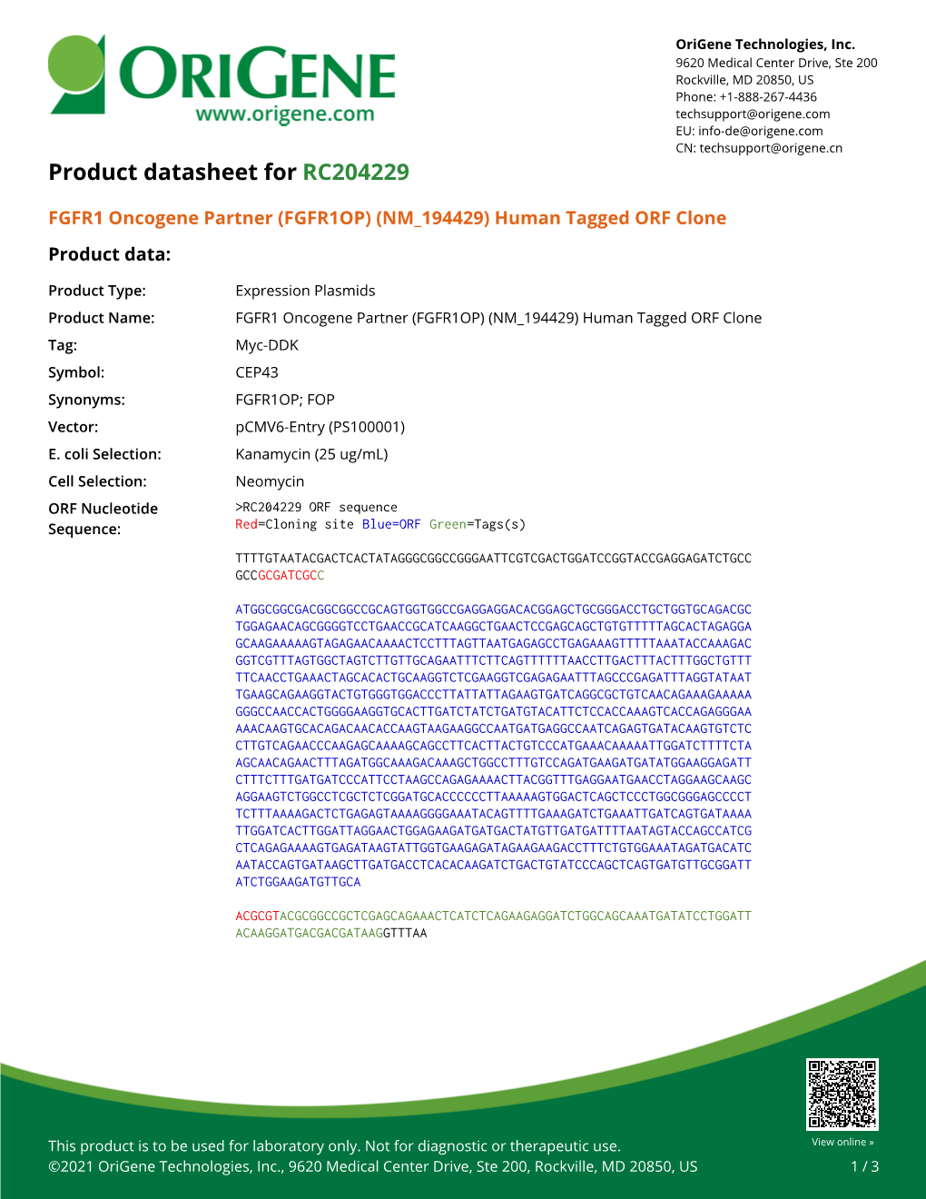 FGFR1 Oncogene Partner (FGFR1OP) (NM 194429) Human Tagged ORF Clone – RC204229 | Origene