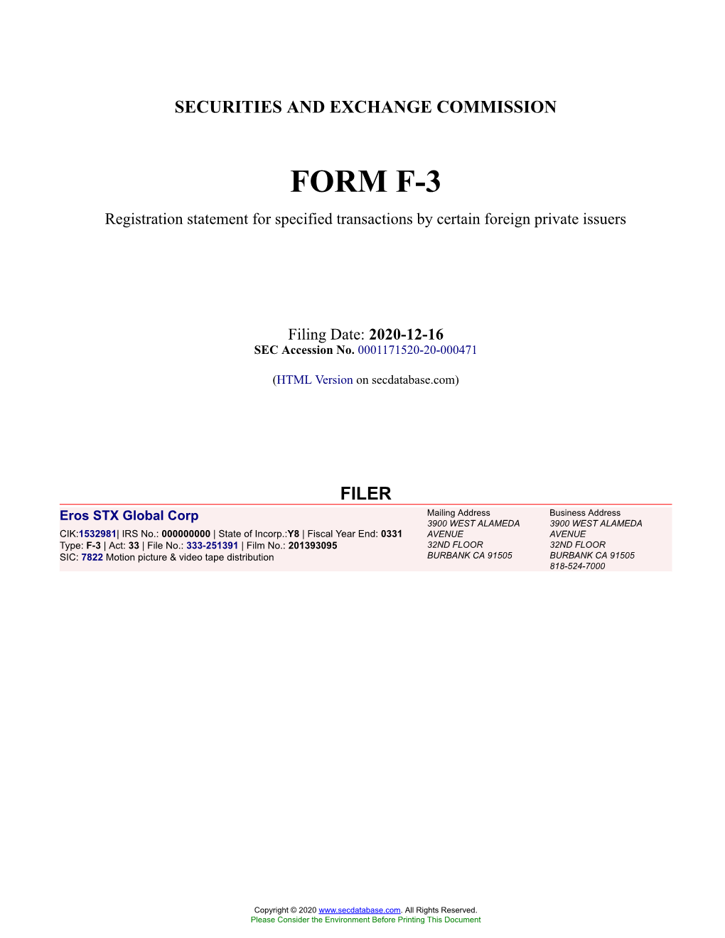 Eros STX Global Corp Form F-3 Filed 2020-12-16