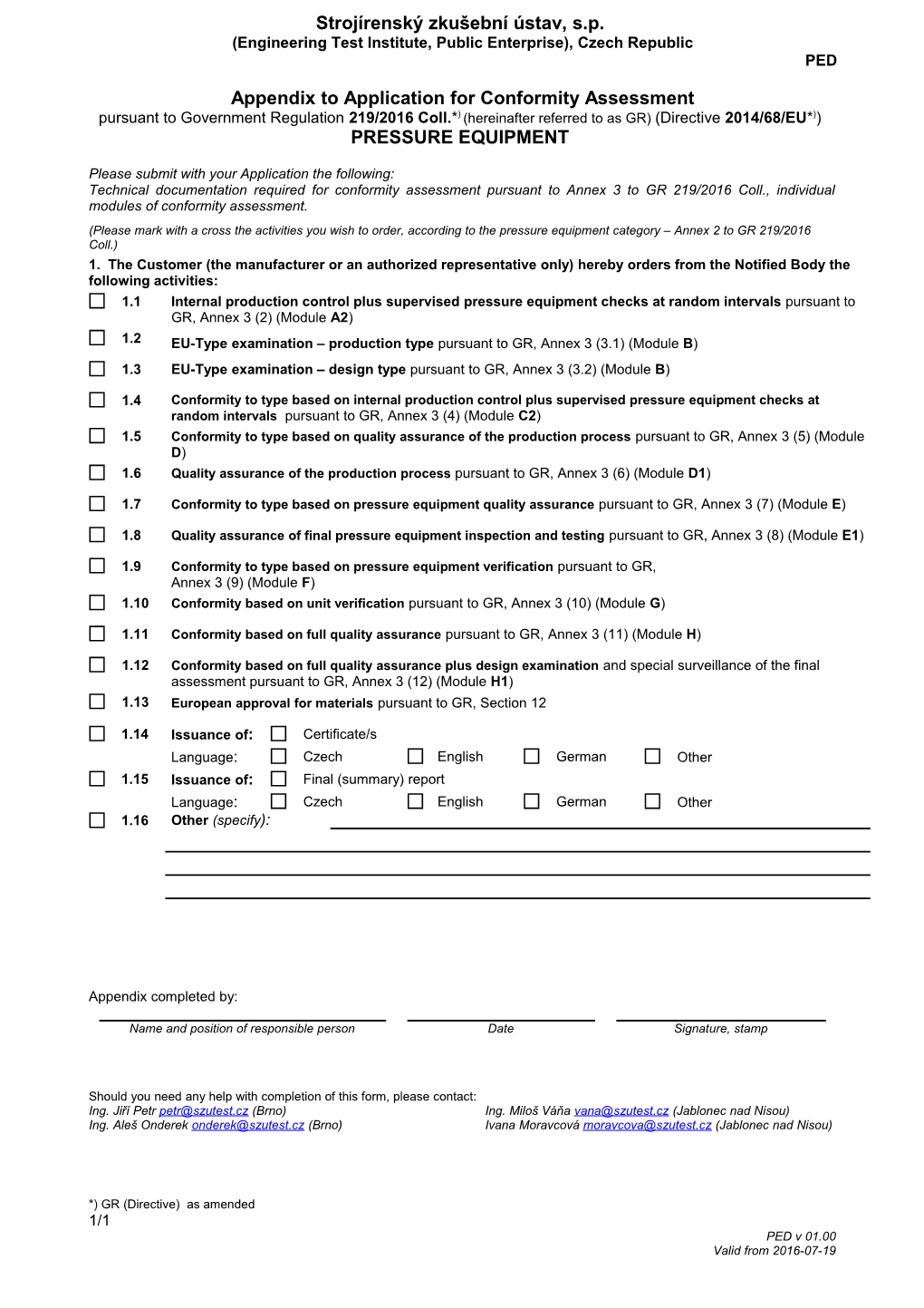 Appendix to Application for Conformity Assessment