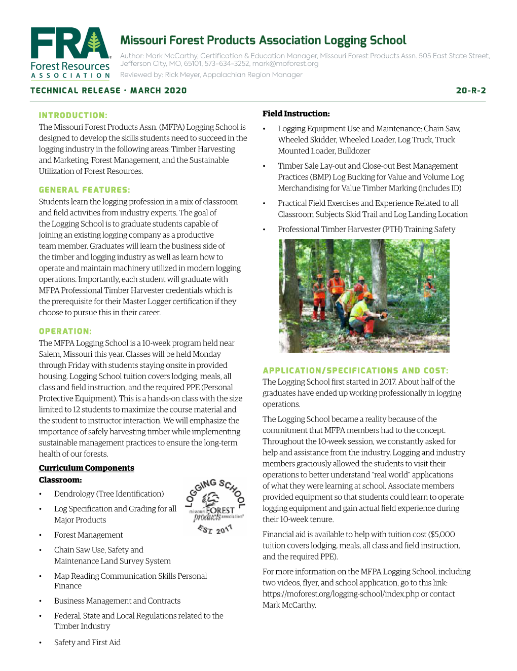 Missouri Forest Products Association Logging School Author: Mark Mccarthy, Certification & Education Manager, Missouri Forest Products Assn