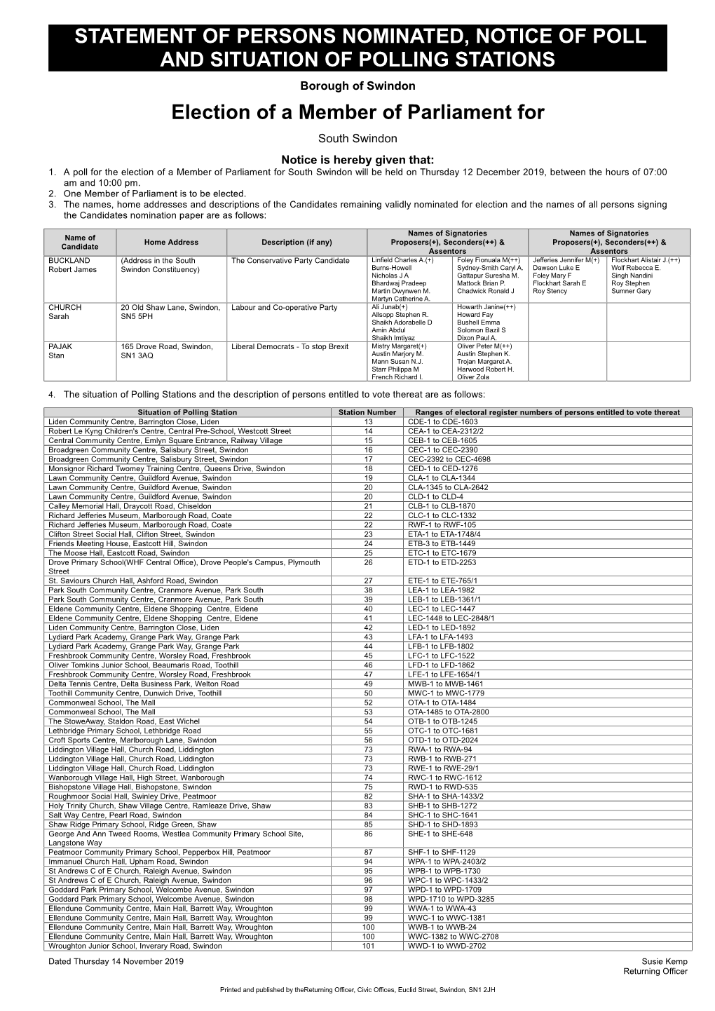 Statement of Persons Nominated, Notice of Poll and Situation Of