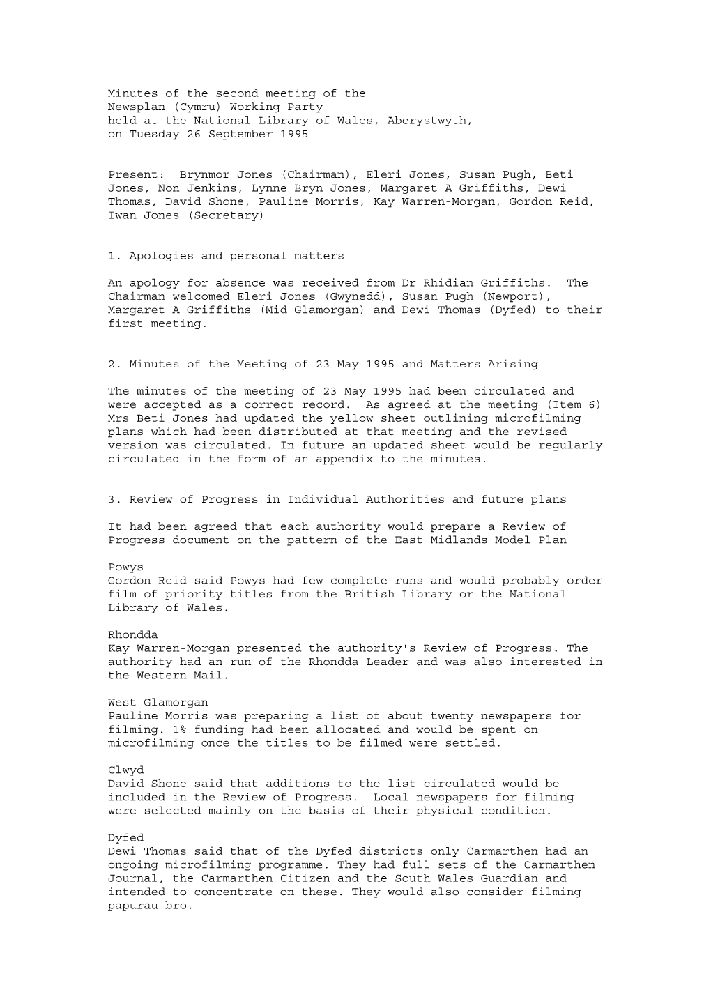 Minutes of the Second Meeting of the Newsplan (Cymru) Working Party Held at the National Library of Wales, Aberystwyth, on Tuesday 26 September 1995