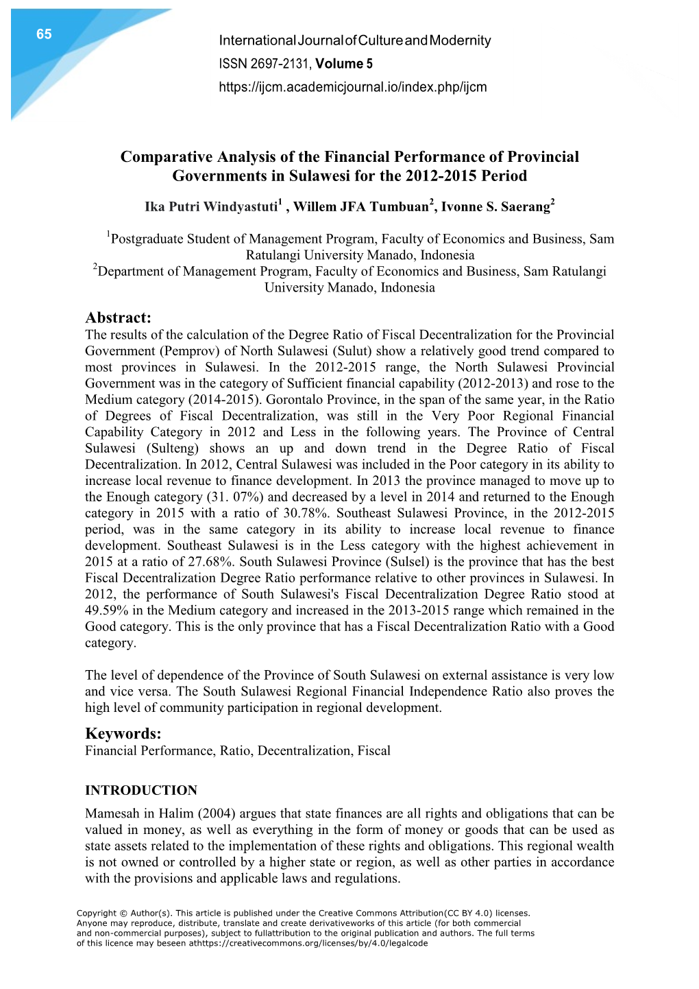 Comparative Analysis of the Financial Performance of Provincial Governments in Sulawesi for the 2012-2015 Period