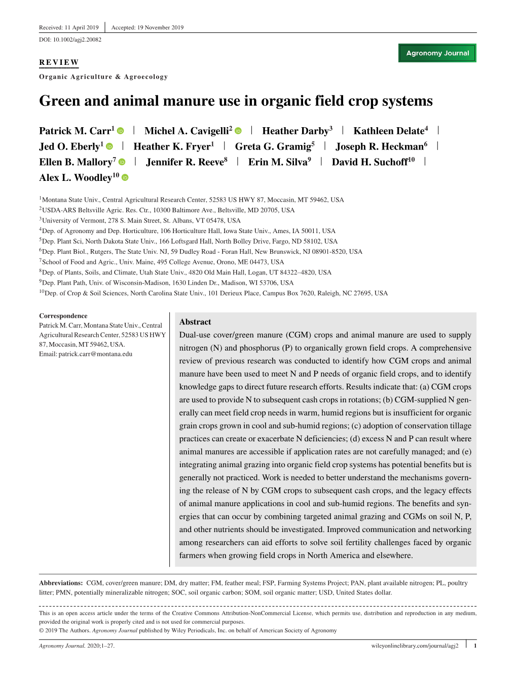 Green and Animal Manure Use in Organic Field Crop Systems