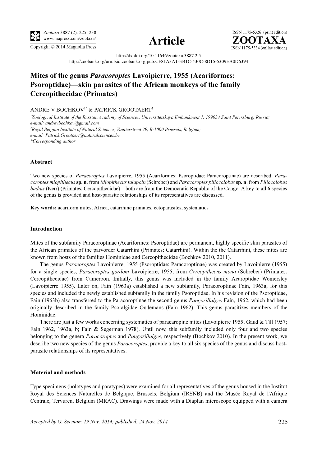 Mites of the Genus Paracoroptes Lavoipierre, 1955 (Acariformes: Psoroptidae)—Skin Parasites of the African Monkeys of the Family Cercopithecidae (Primates)